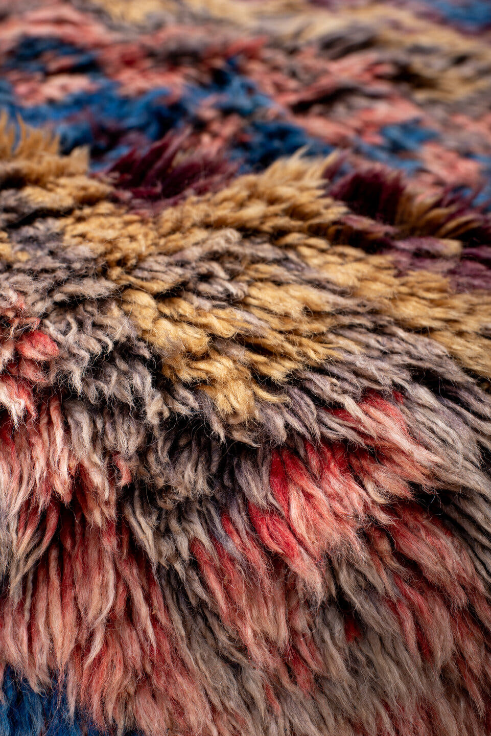 4' x 5' one-of-a-kind handmade vintage Moroccan small size rug. Color palette: taupe, blue, gold, plum, coral, gray, beige