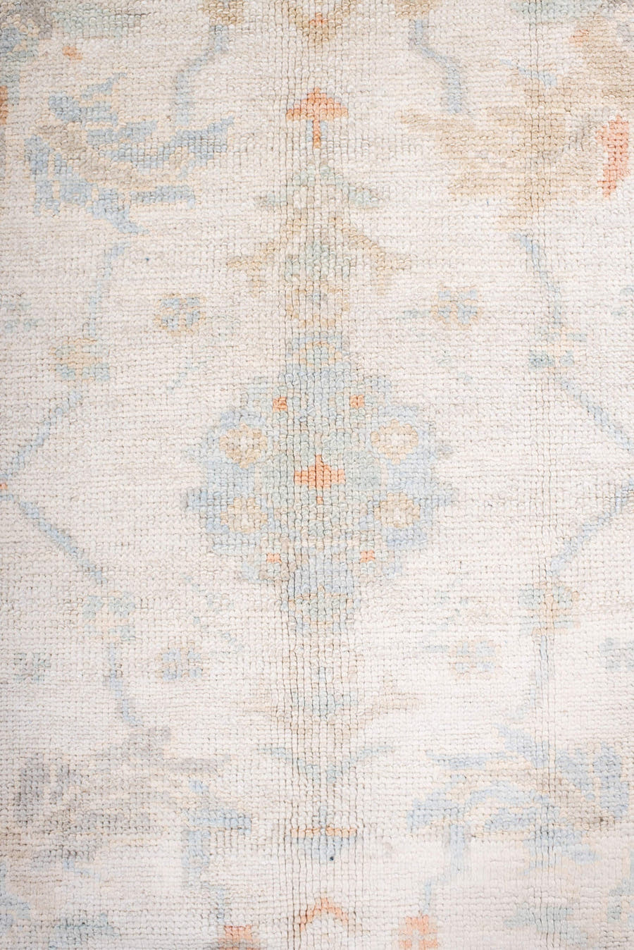 8' x 10' one-of-a-kind handmade vintage Oushak large size rug. Color palette: ivory, pale blue, blush, cream, taupe, peach