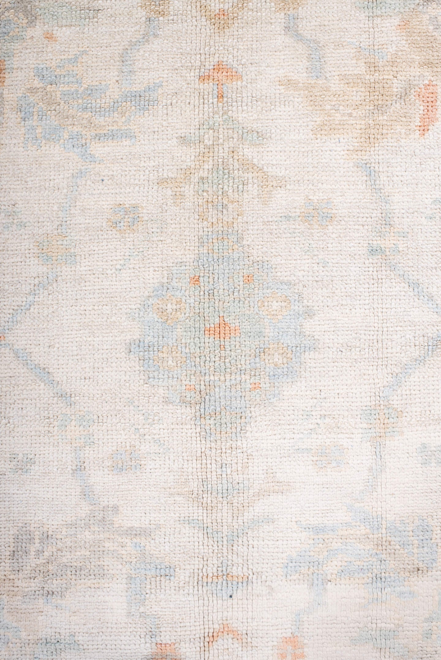 8' x 10' one-of-a-kind handmade vintage Oushak large size rug. Color palette: ivory, pale blue, blush, cream, taupe, peach