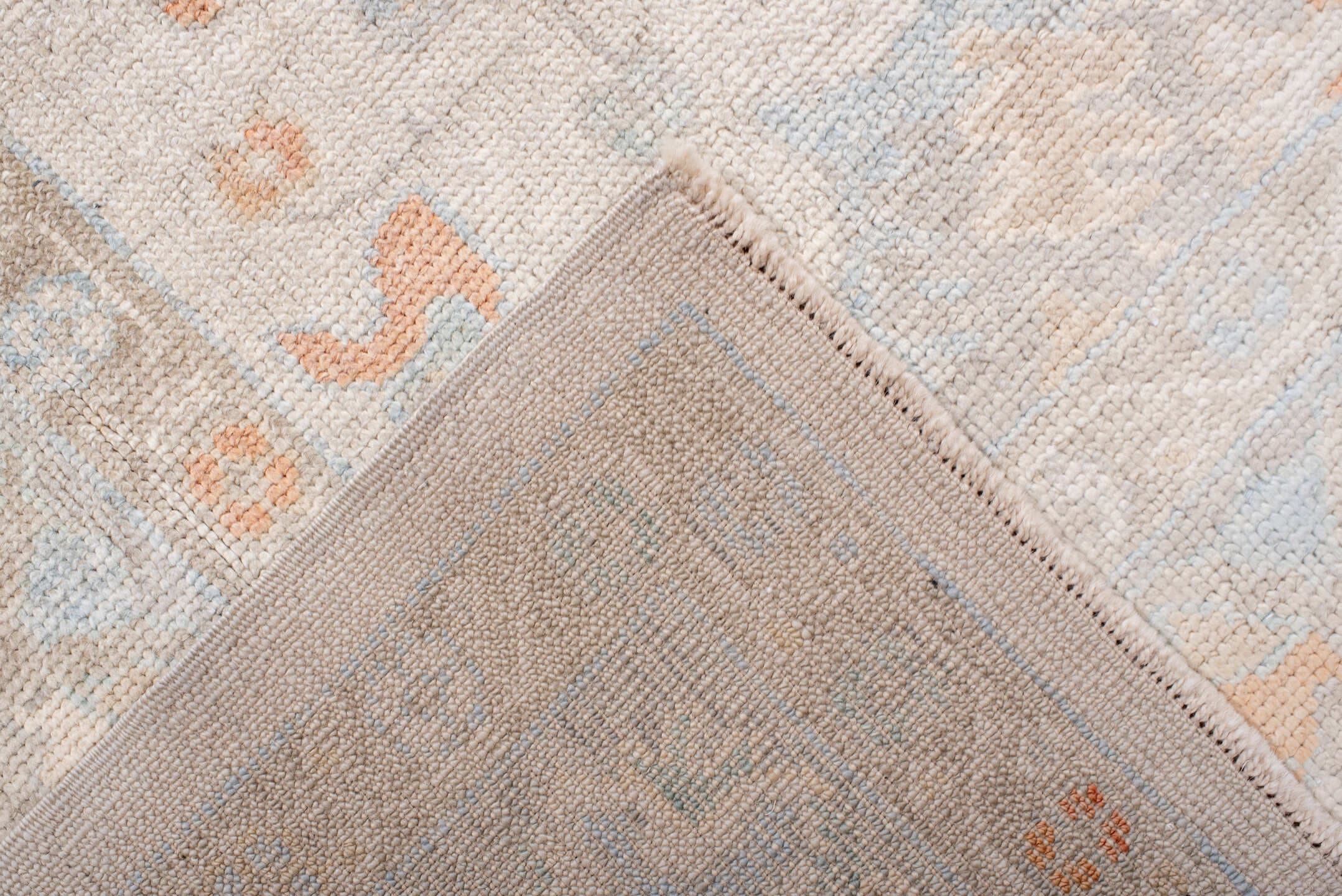 8' x 10' one-of-a-kind handmade vintage Oushak large size rug. Color palette: ivory, pale blue, blush, cream, taupe, peach