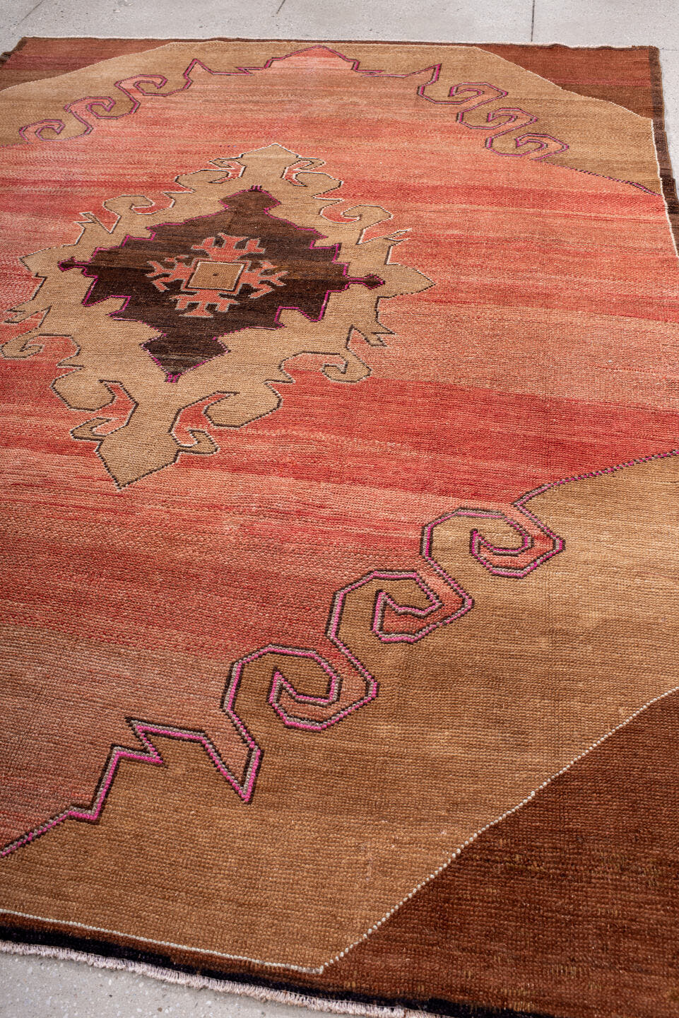7' x 10' one-of-a-kind handmade vintage Kars large size rug. Color palette: rose, terra cotta, camel, brown, taupe, charcoal