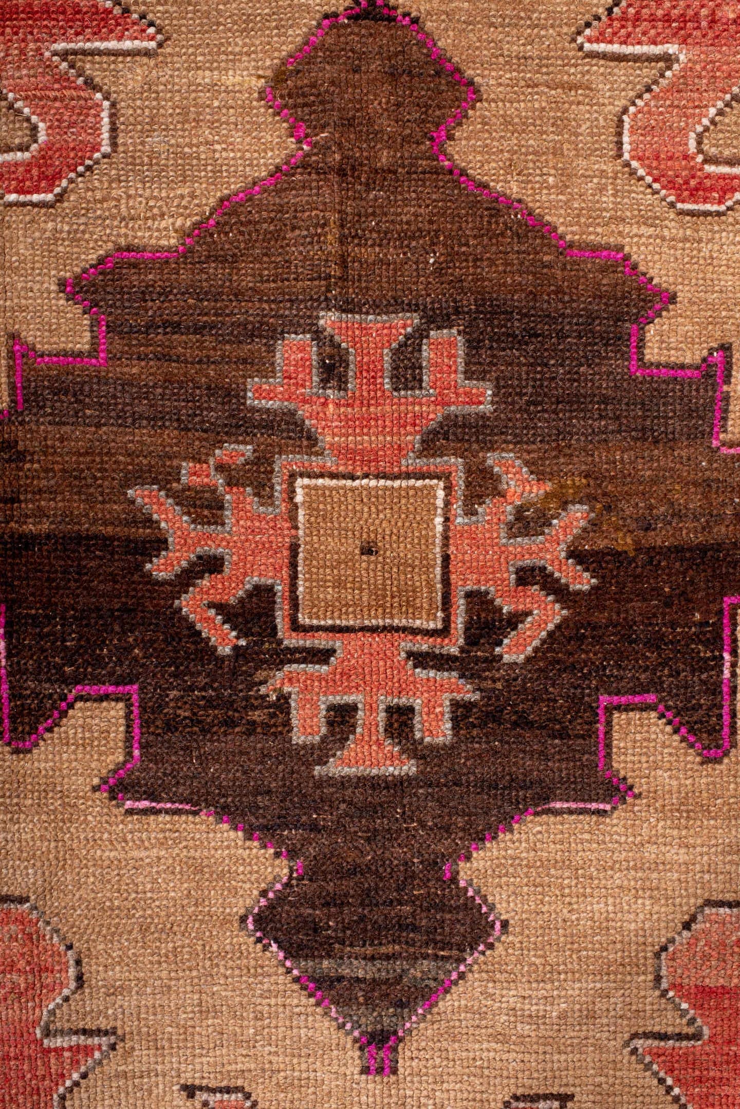 7' x 10' one-of-a-kind handmade vintage Kars large size rug. Color palette: rose, terra cotta, camel, brown, taupe, charcoal
