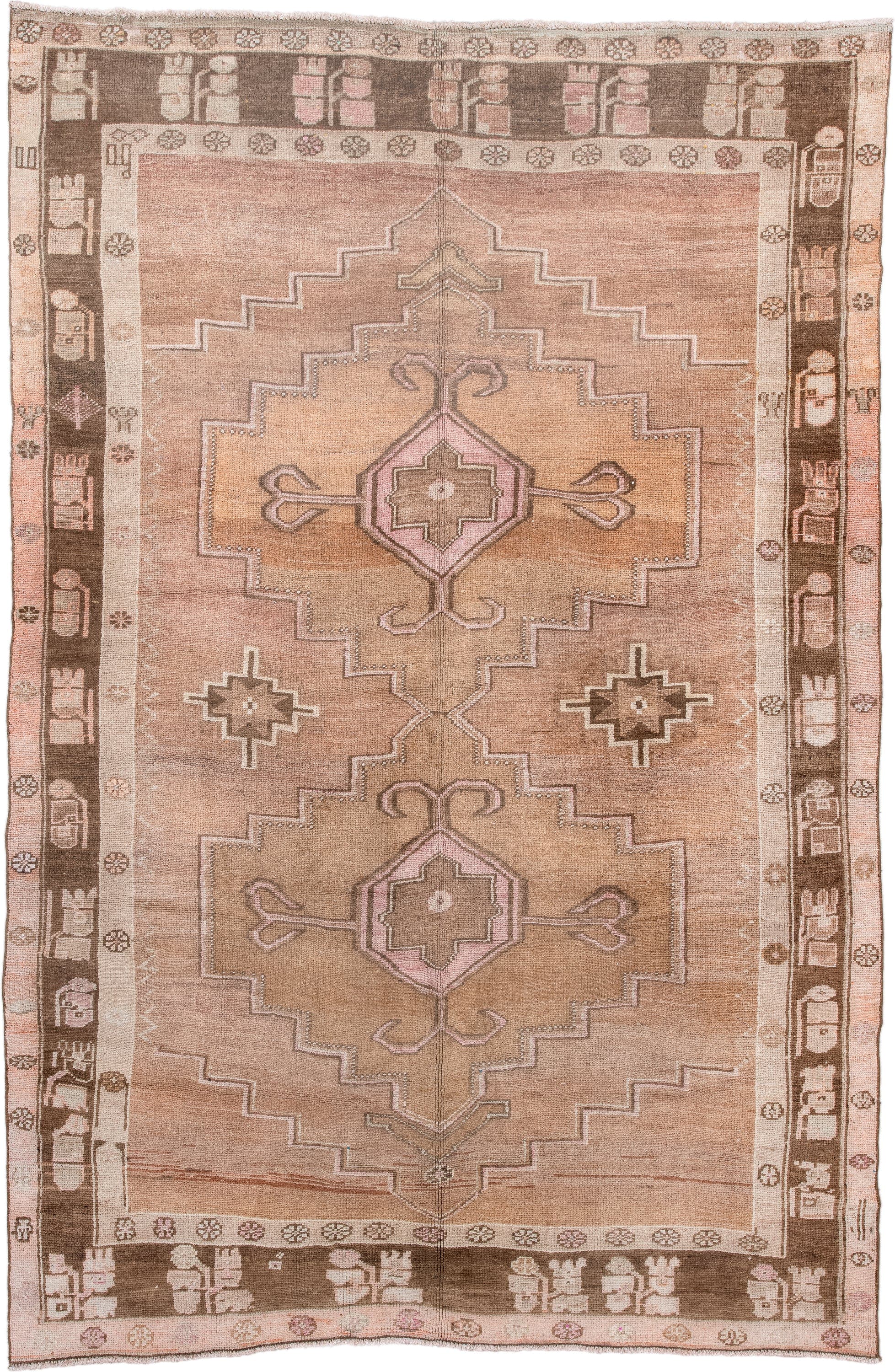 7' x 10' one-of-a-kind handmade vintage Kars large size rug. Color palette: blush, camel, taupe, brown, ivory, rose