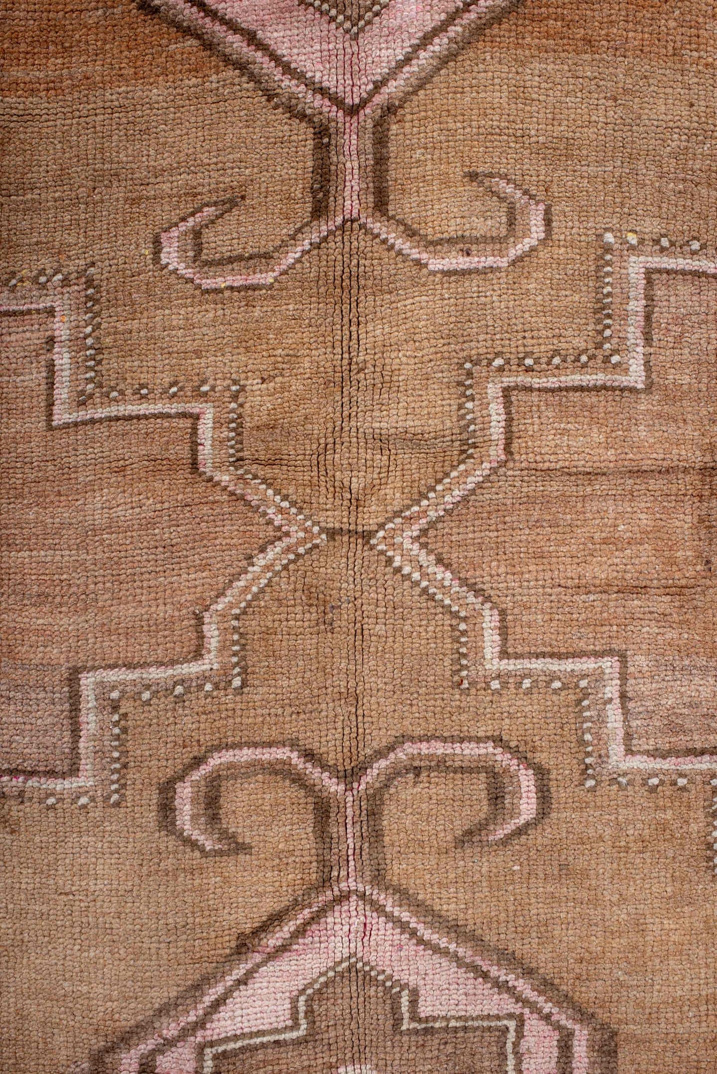 7' x 10' one-of-a-kind handmade vintage Kars large size rug. Color palette: blush, camel, taupe, brown, ivory, rose