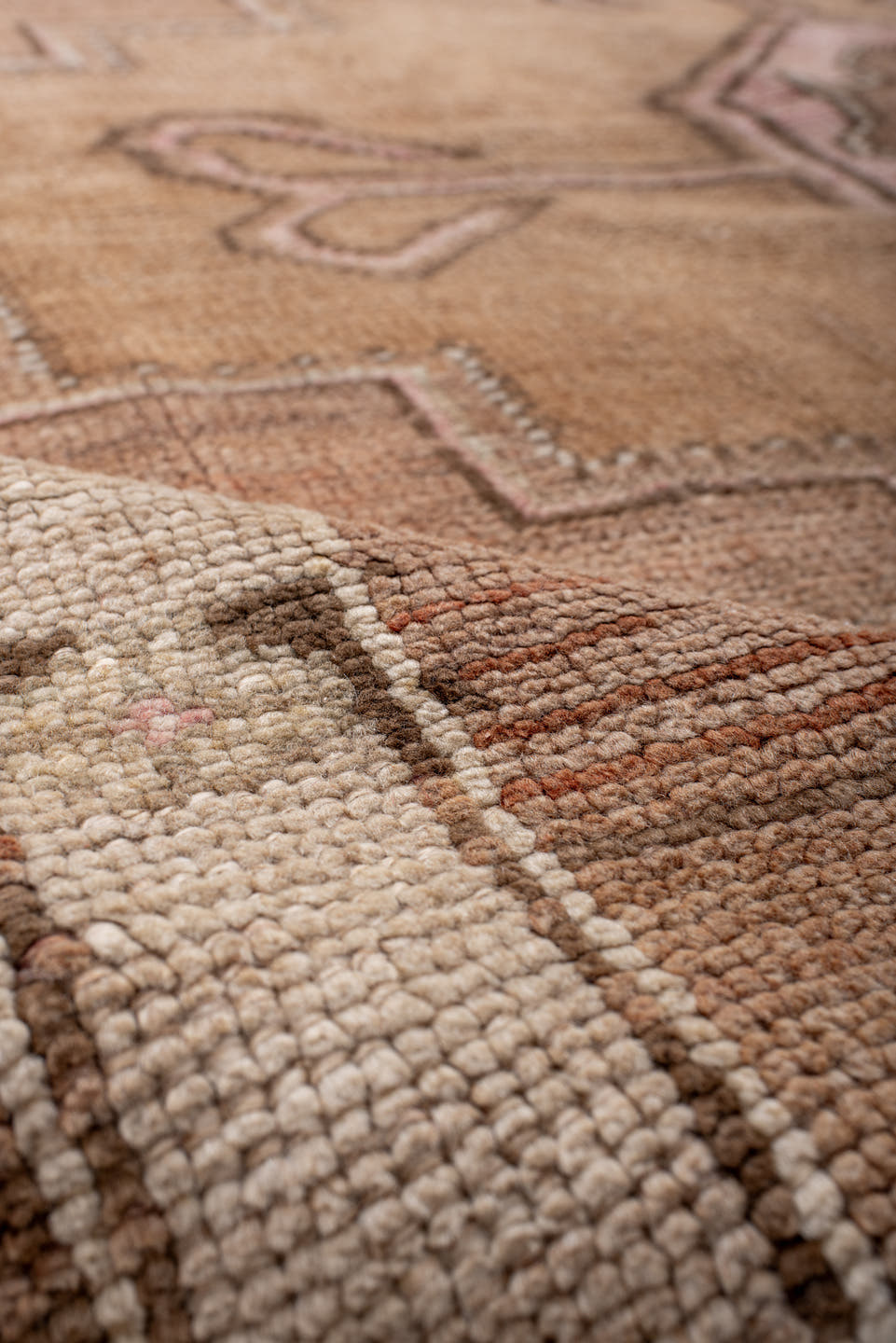 7' x 10' one-of-a-kind handmade vintage Kars large size rug. Color palette: blush, camel, taupe, brown, ivory, rose