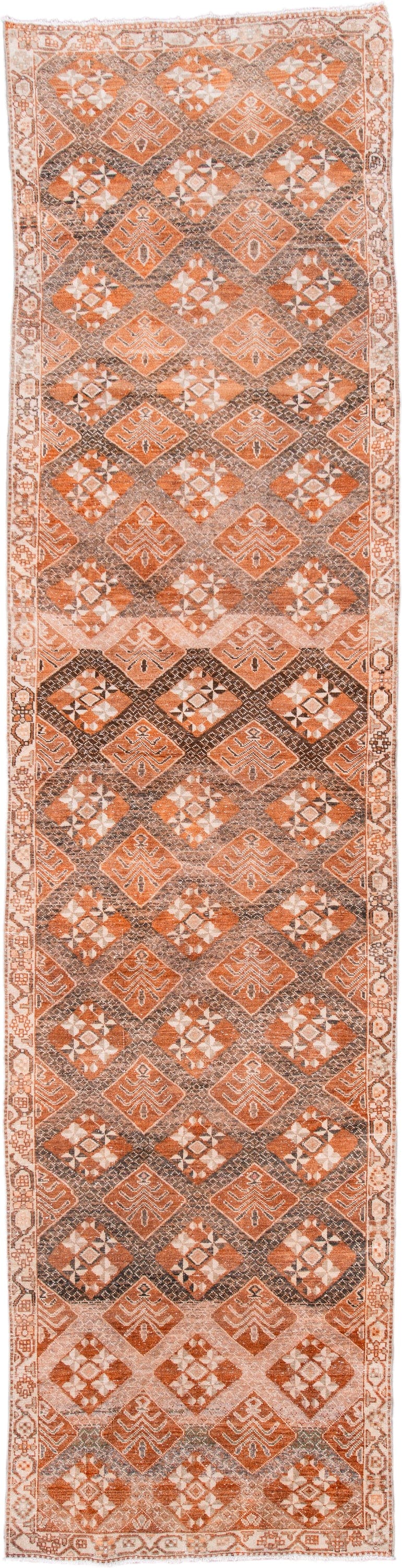 3' x 13' one-of-a-kind handmade vintage Sparta runner rug. Color palette: terra cotta, ivory, taupe, brown, rust, camel