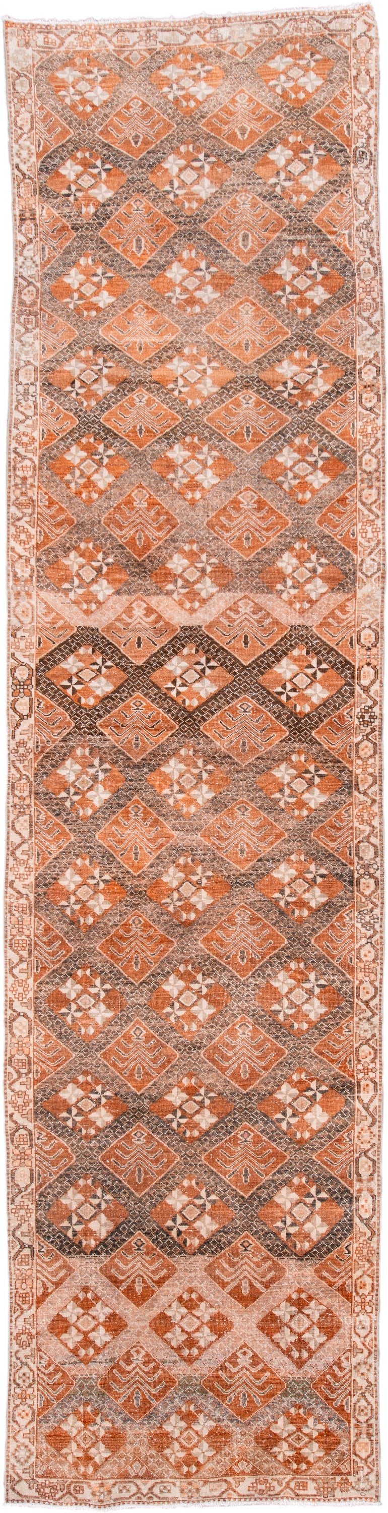 3' x 13' one-of-a-kind handmade vintage Sparta runner rug. Color palette: terra cotta, ivory, taupe, brown, rust, camel
