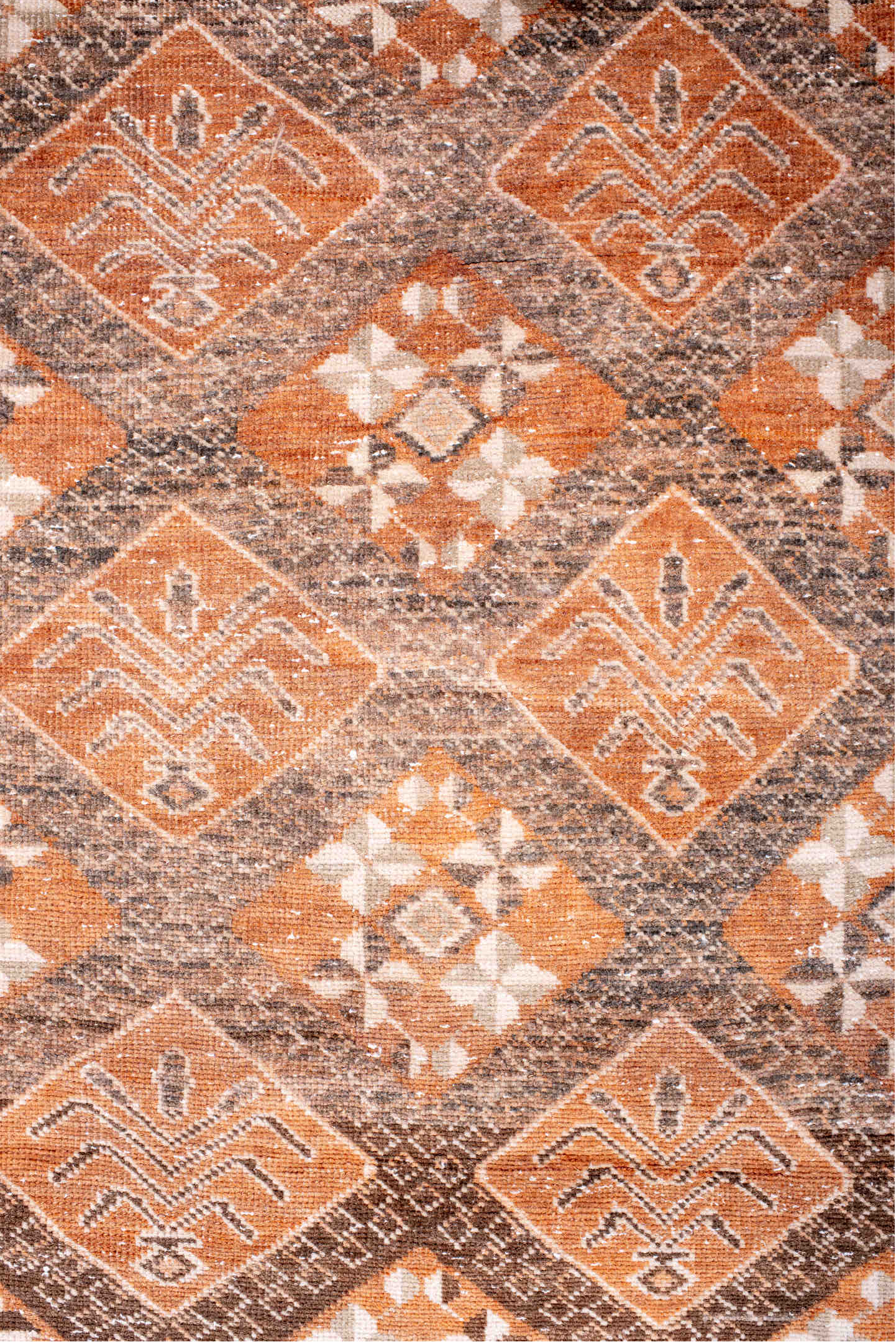 3' x 13' one-of-a-kind handmade vintage Sparta runner rug. Color palette: terra cotta, ivory, taupe, brown, rust, camel