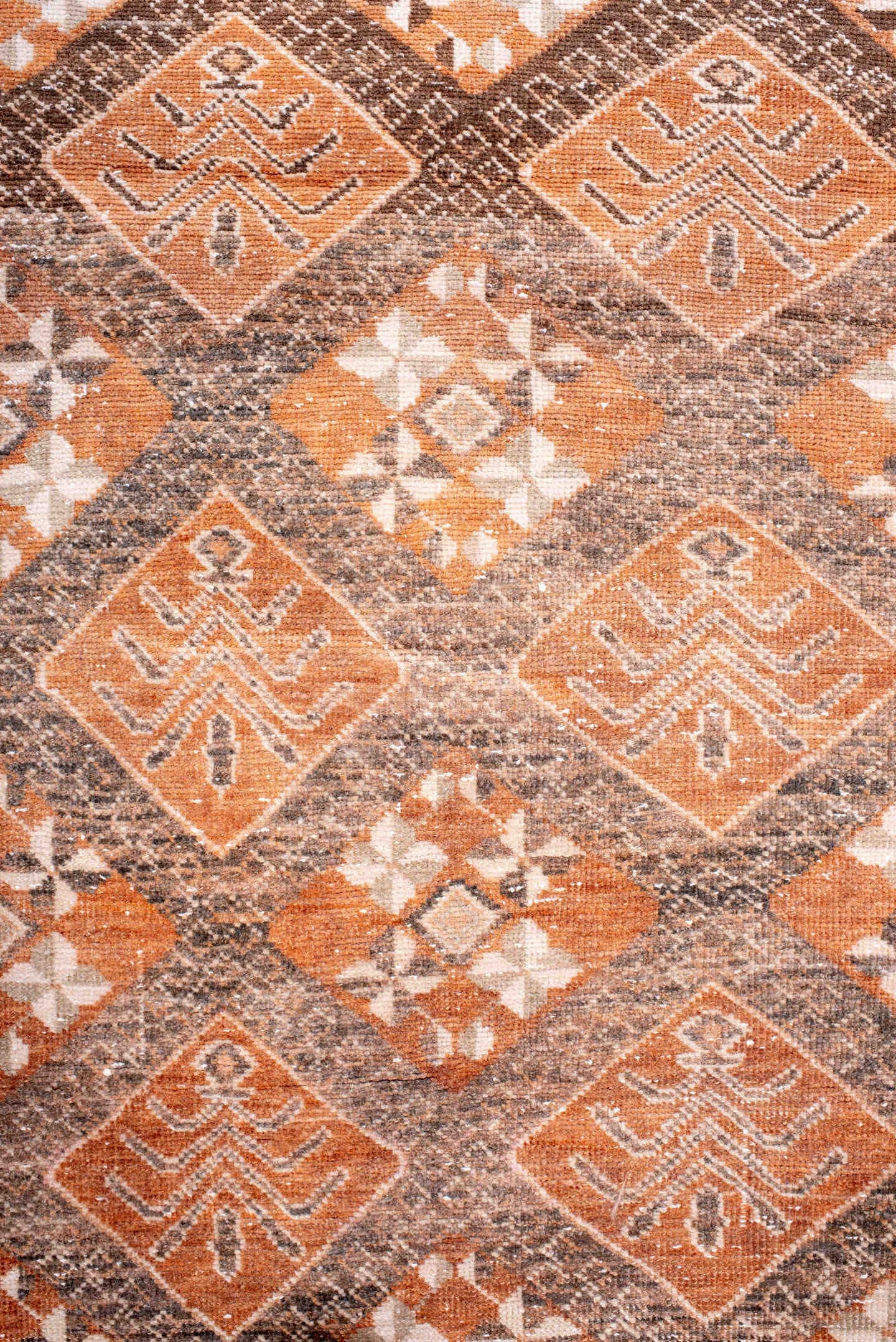 3' x 13' one-of-a-kind handmade vintage Sparta runner rug. Color palette: terra cotta, ivory, taupe, brown, rust, camel