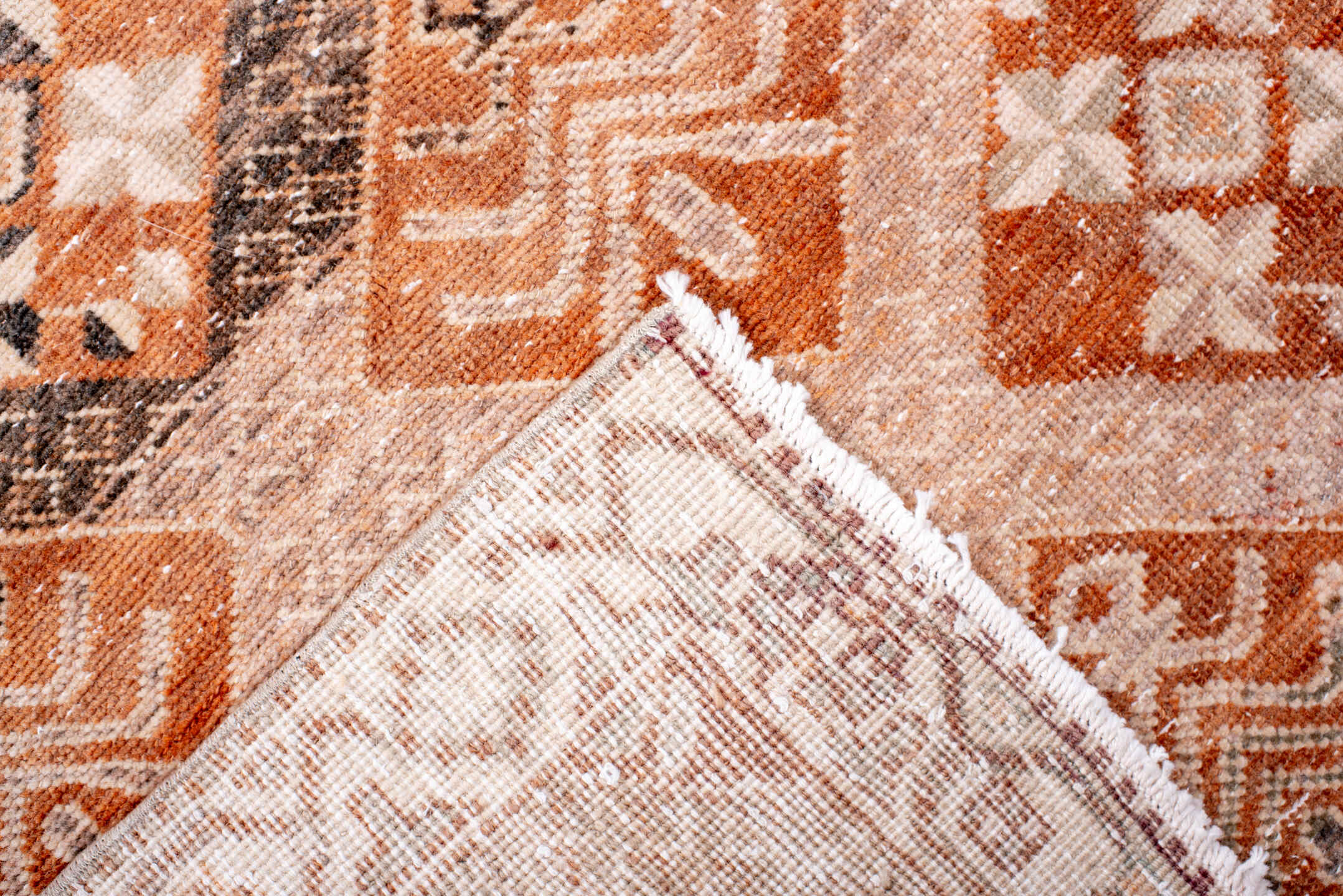 3' x 13' one-of-a-kind handmade vintage Sparta runner rug. Color palette: terra cotta, ivory, taupe, brown, rust, camel