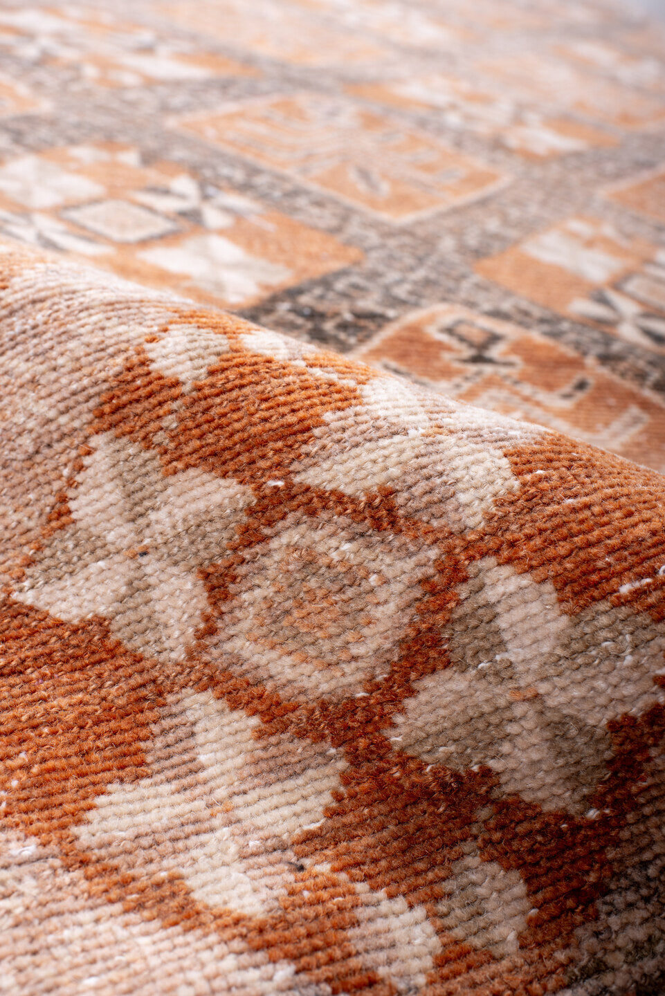 3' x 13' one-of-a-kind handmade vintage Sparta runner rug. Color palette: antiquewhite, brown, gray, light gray, linen