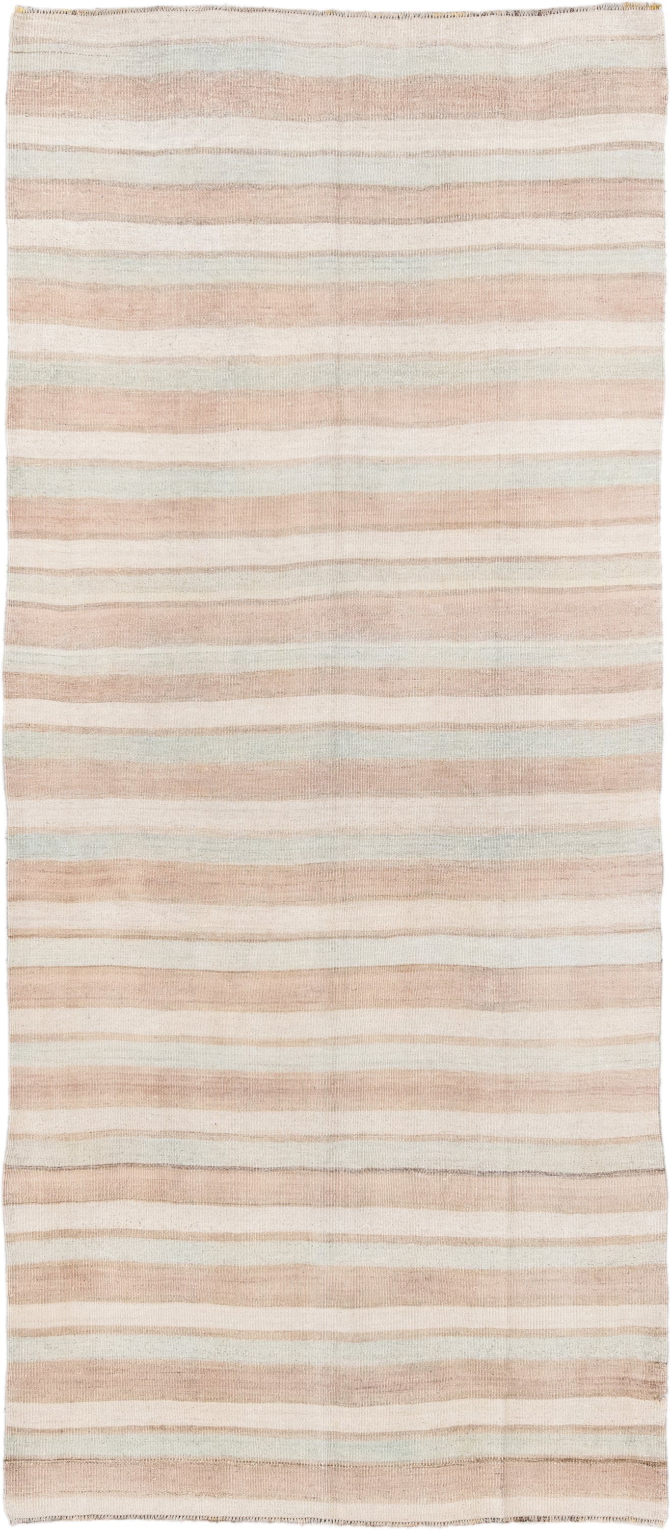 4' x 10' one-of-a-kind handmade vintage Kilim runner rug. Color palette: ivory, blush, beige, taupe, pink, gray