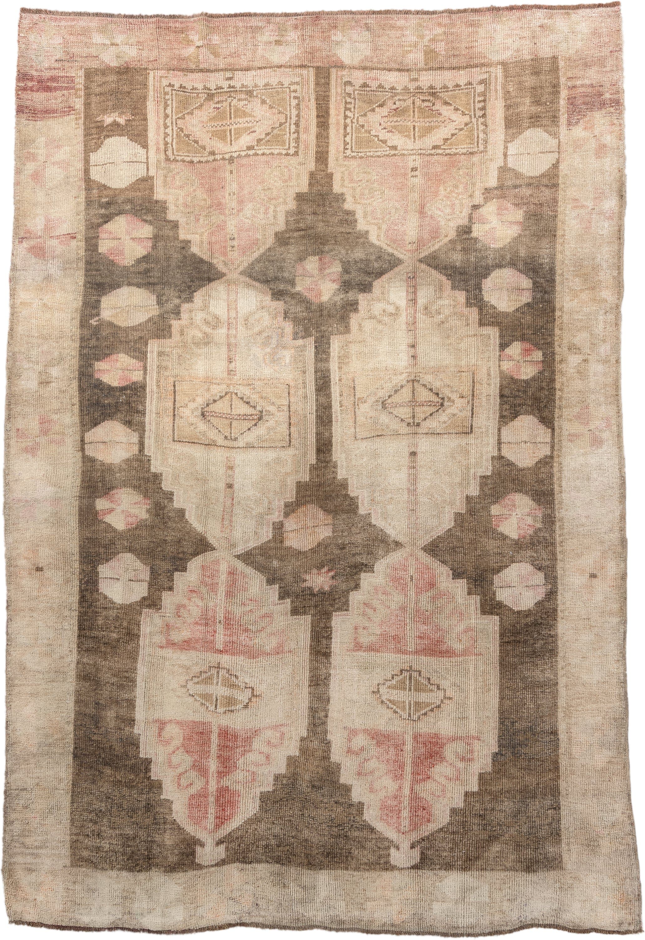 7' x 10' one-of-a-kind handmade vintage Kars large size rug. Color palette: ivory, taupe, blush, brown, sand, rose, beige