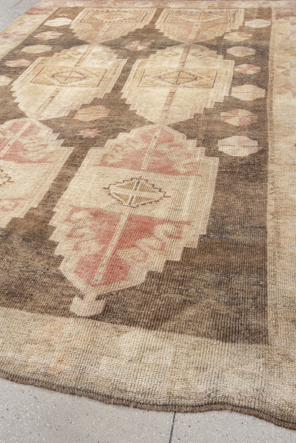 7' x 10' one-of-a-kind handmade vintage Kars large size rug. Color palette: ivory, taupe, blush, brown, sand, rose, beige