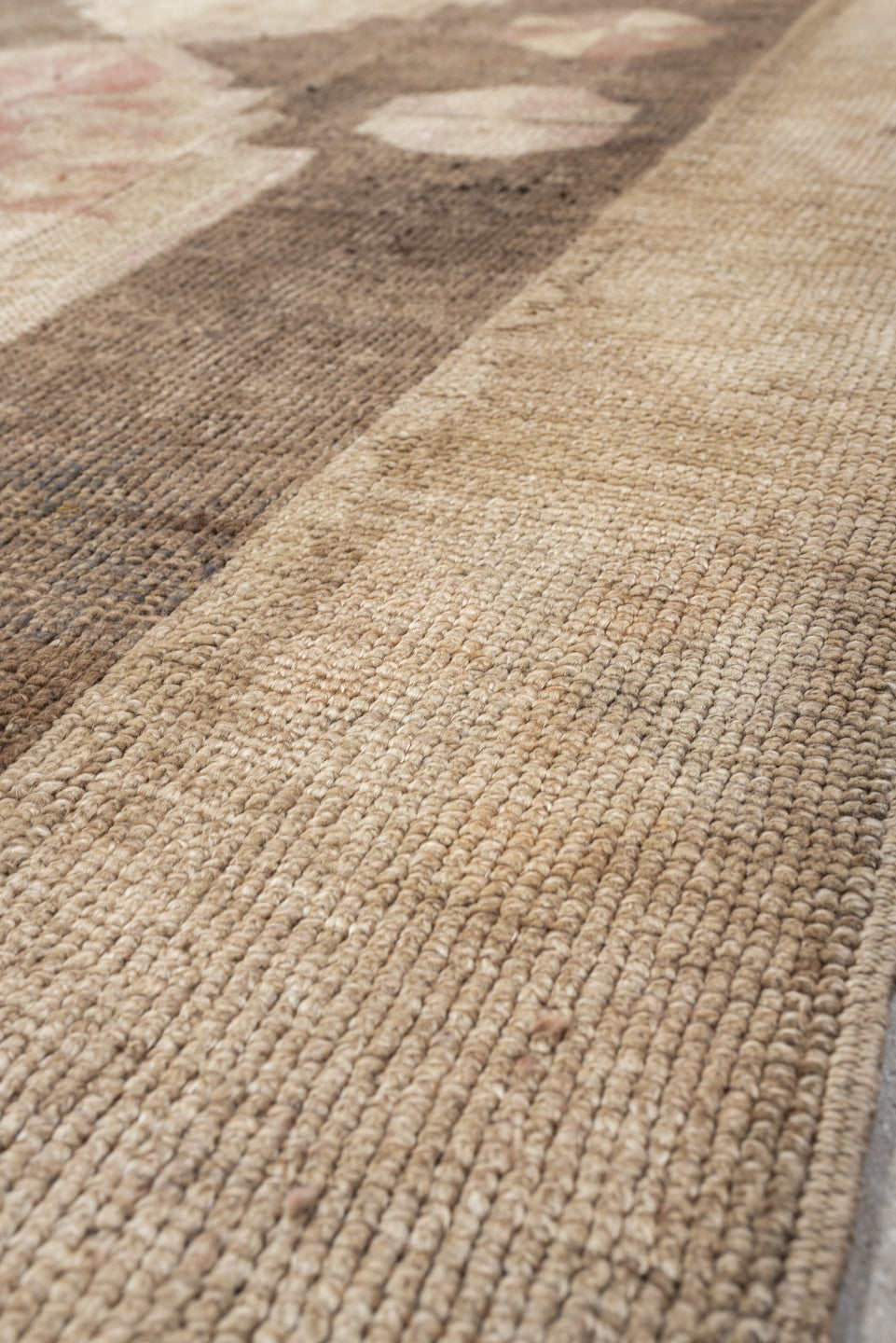 7' x 10' one-of-a-kind handmade vintage Kars large size rug. Color palette: ivory, taupe, blush, brown, sand, rose, beige