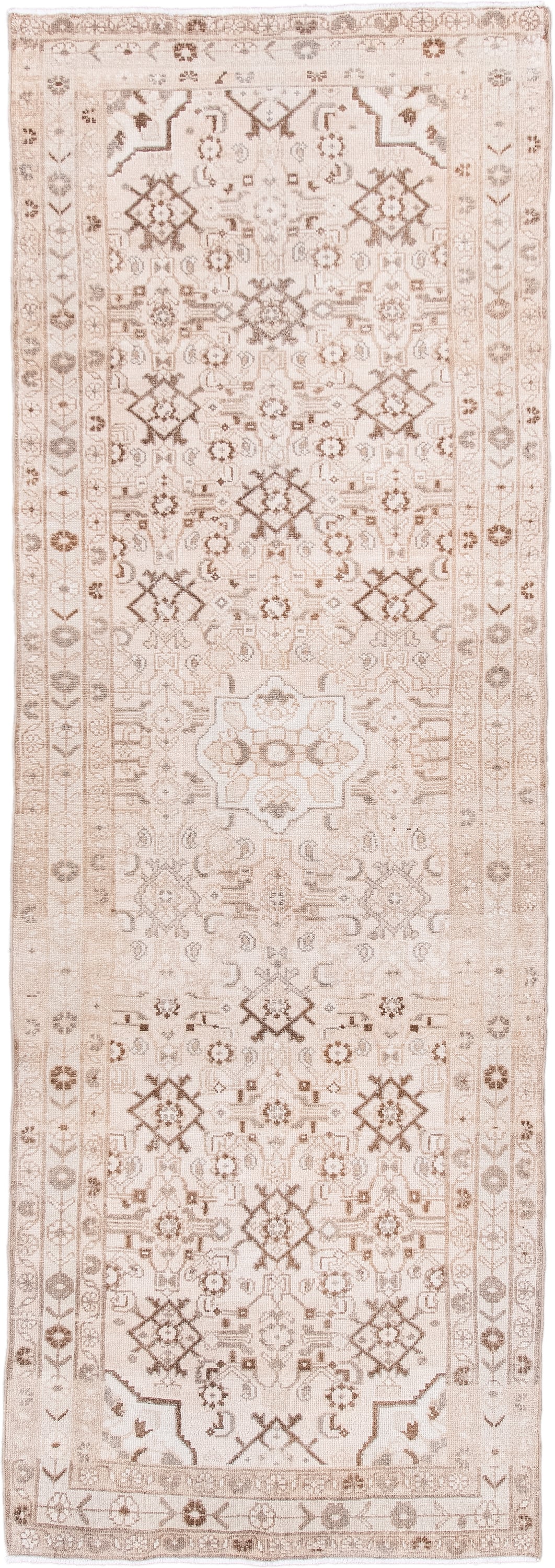 3' x 9' one-of-a-kind handmade antique Hamadan runner rug. Color palette: ivory, taupe, camel, beige, light brown, gray
