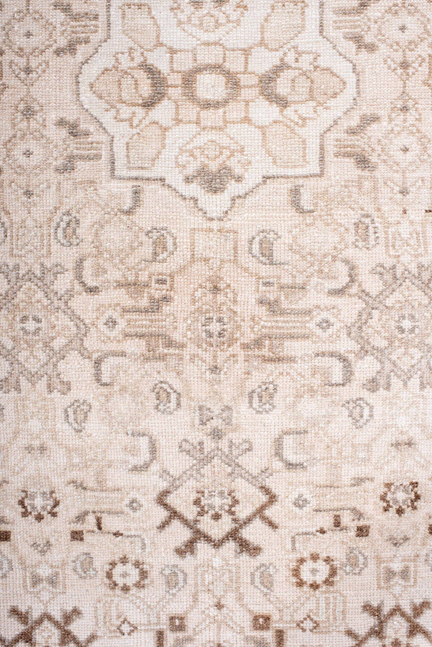 3' x 9' one-of-a-kind handmade antique Hamadan runner rug. Color palette: ivory, taupe, camel, beige, light brown, gray