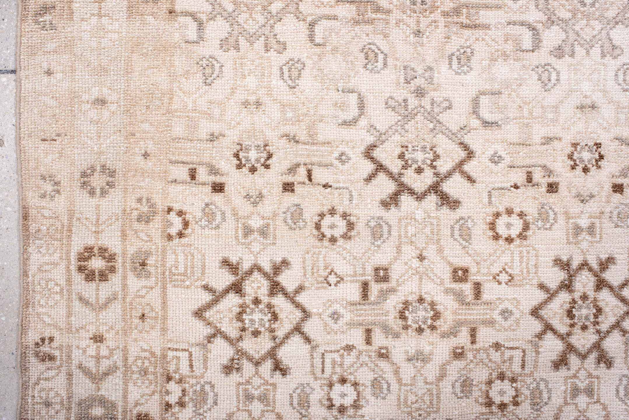3' x 9' one-of-a-kind handmade antique Hamadan runner rug. Color palette: ivory, taupe, camel, beige, light brown, gray