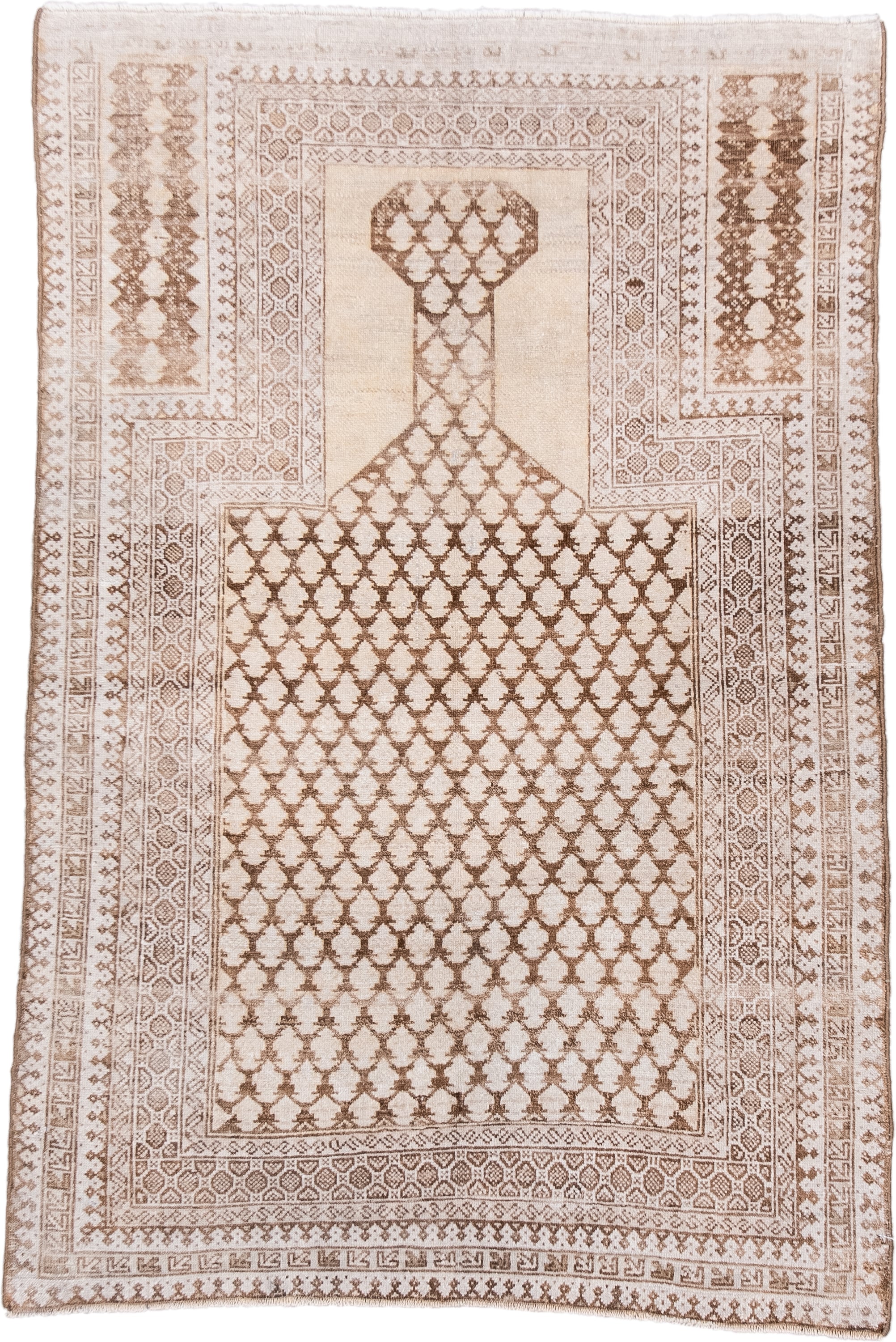 3' x 4' one-of-a-kind handmade antique Belouch small size rug. Color palette: ivory, camel, taupe, beige, sand, brown, gray