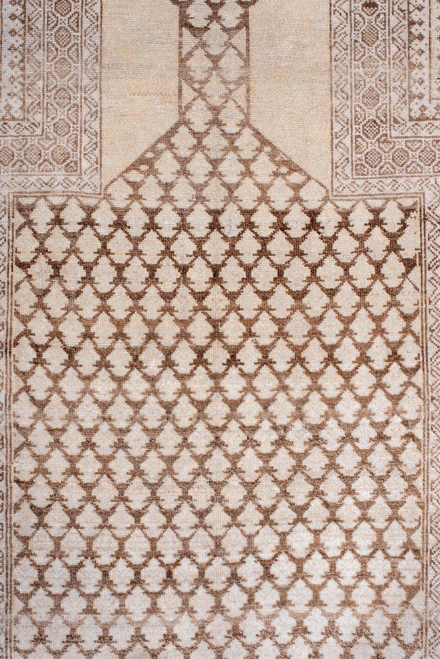 3' x 4' one-of-a-kind handmade antique Belouch small size rug. Color palette: ivory, camel, taupe, beige, sand, brown, gray