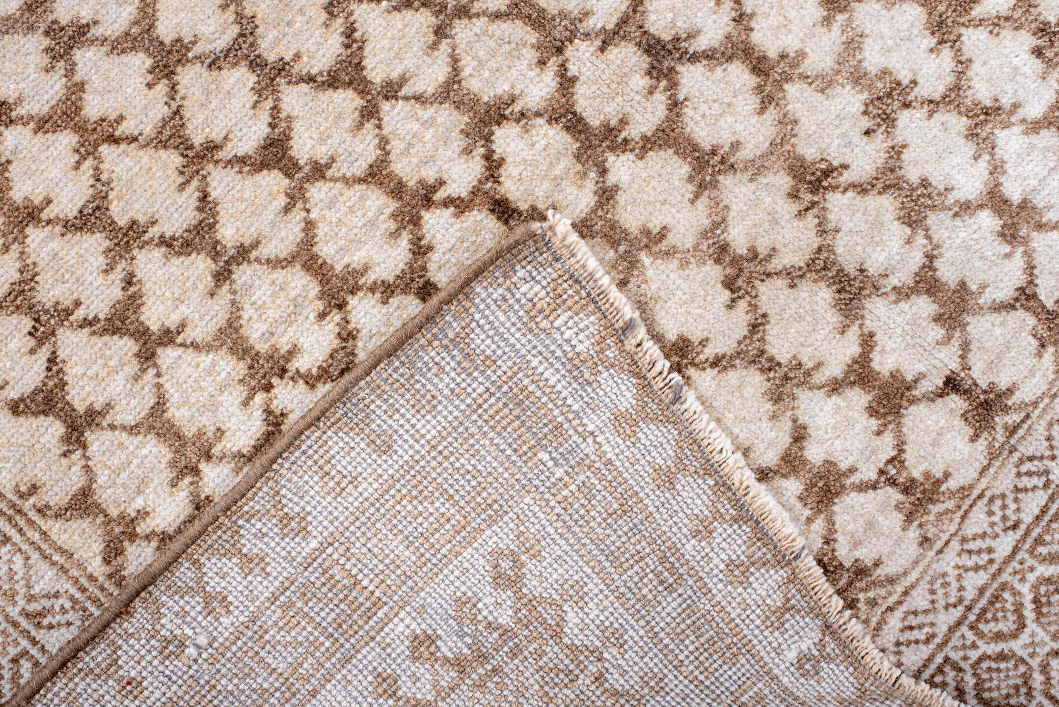 3' x 4' one-of-a-kind handmade vintage Belouch small size rug. Color palette: brown, gray, light gray, linen, off-white