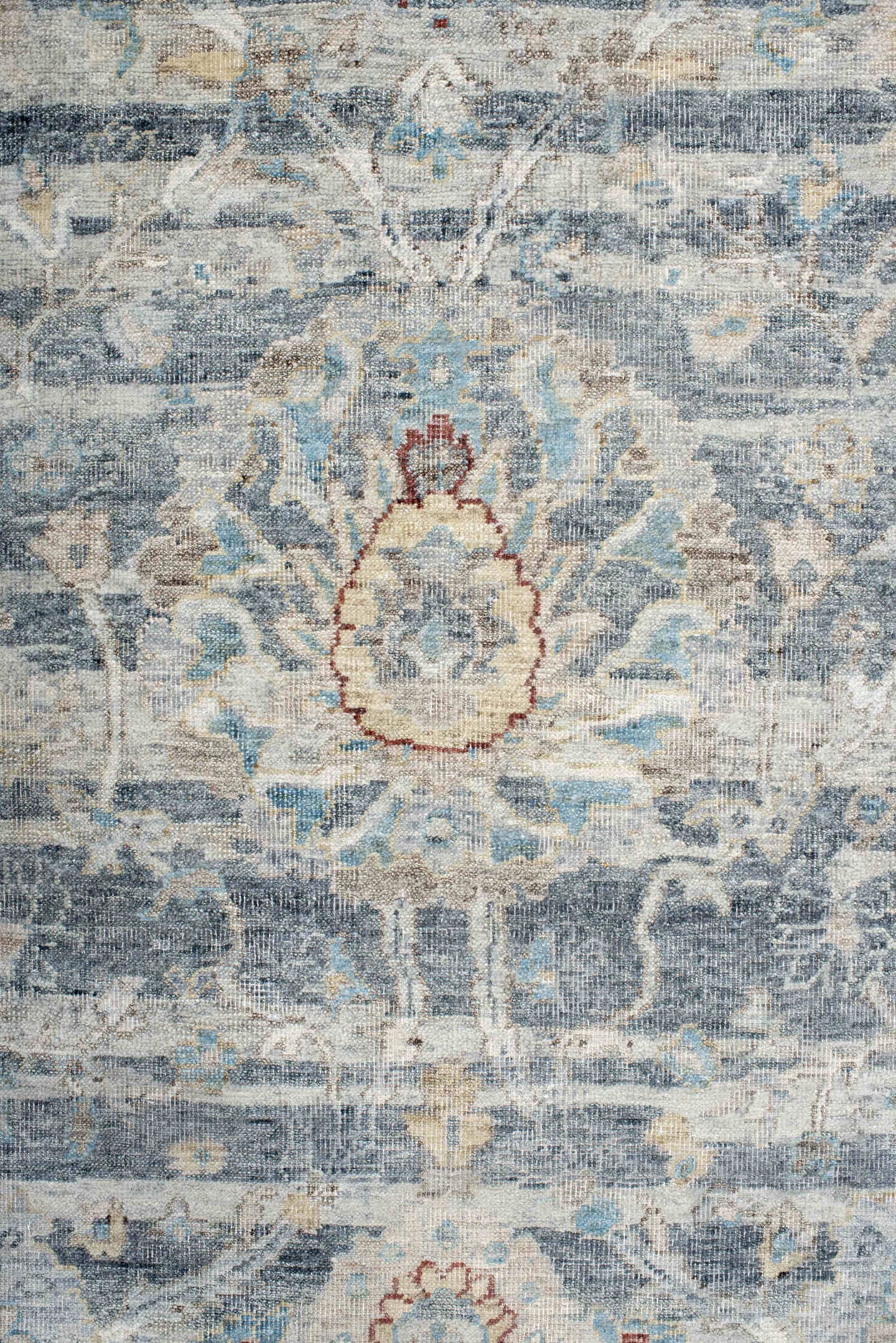 7' x 9' one-of-a-kind handmade vintage India large size rug. Color palette: ivory, pale blue, sky blue, rust, taupe, slate