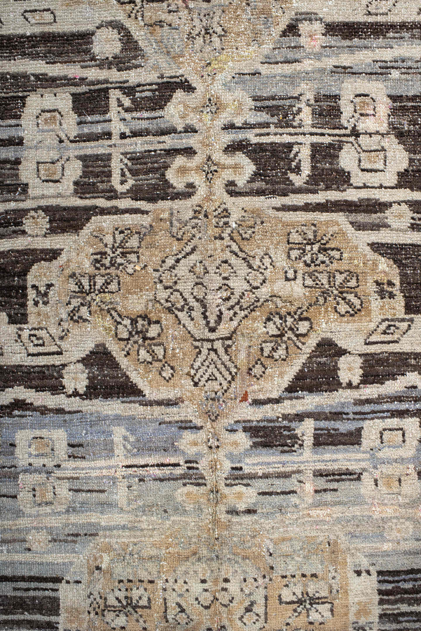 4' x 8' one-of-a-kind handmade antique Kula rug. Color palette: ivory, charcoal, taupe, beige, slate, cream, gray, black