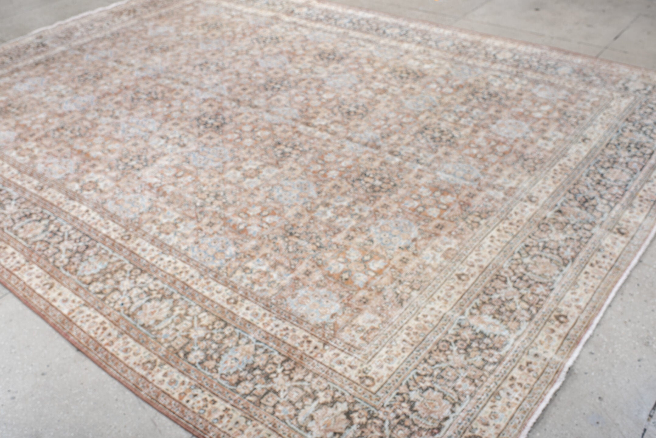 10' x 13' one-of-a-kind handmade vintage Khorassan large size rug. Color palette: light gray, off-white, gray, pink, brown