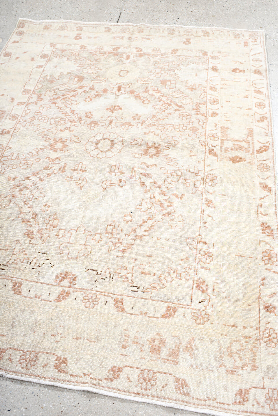 4' x 6' one-of-a-kind handmade antique Anatolian small size rug. Color palette: ivory, blush, peach, cream, taupe, pink