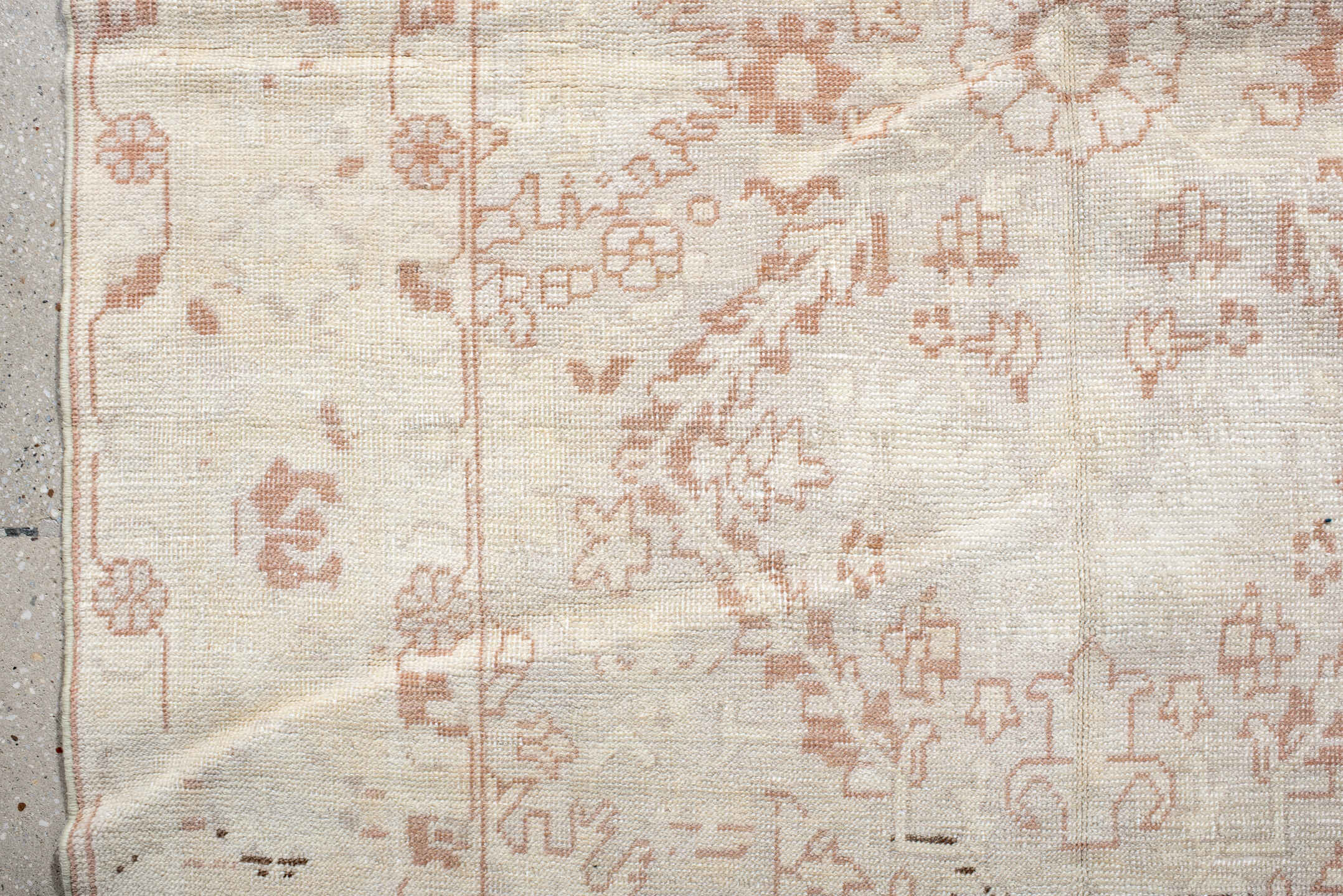 4' x 6' one-of-a-kind handmade antique Anatolian small size rug. Color palette: ivory, blush, peach, cream, taupe, pink