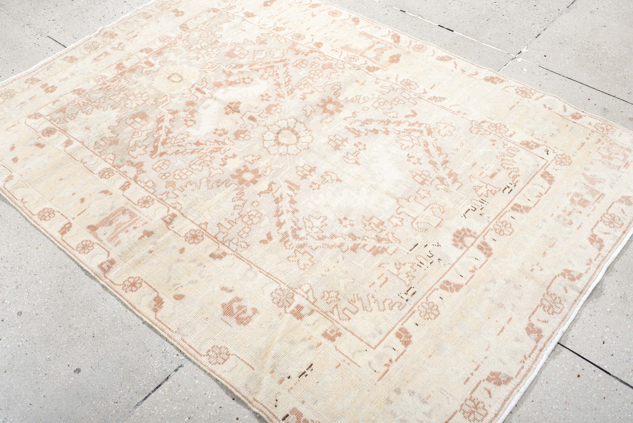4' x 6' one-of-a-kind handmade antique Anatolian small size rug. Color palette: ivory, blush, peach, cream, taupe, pink