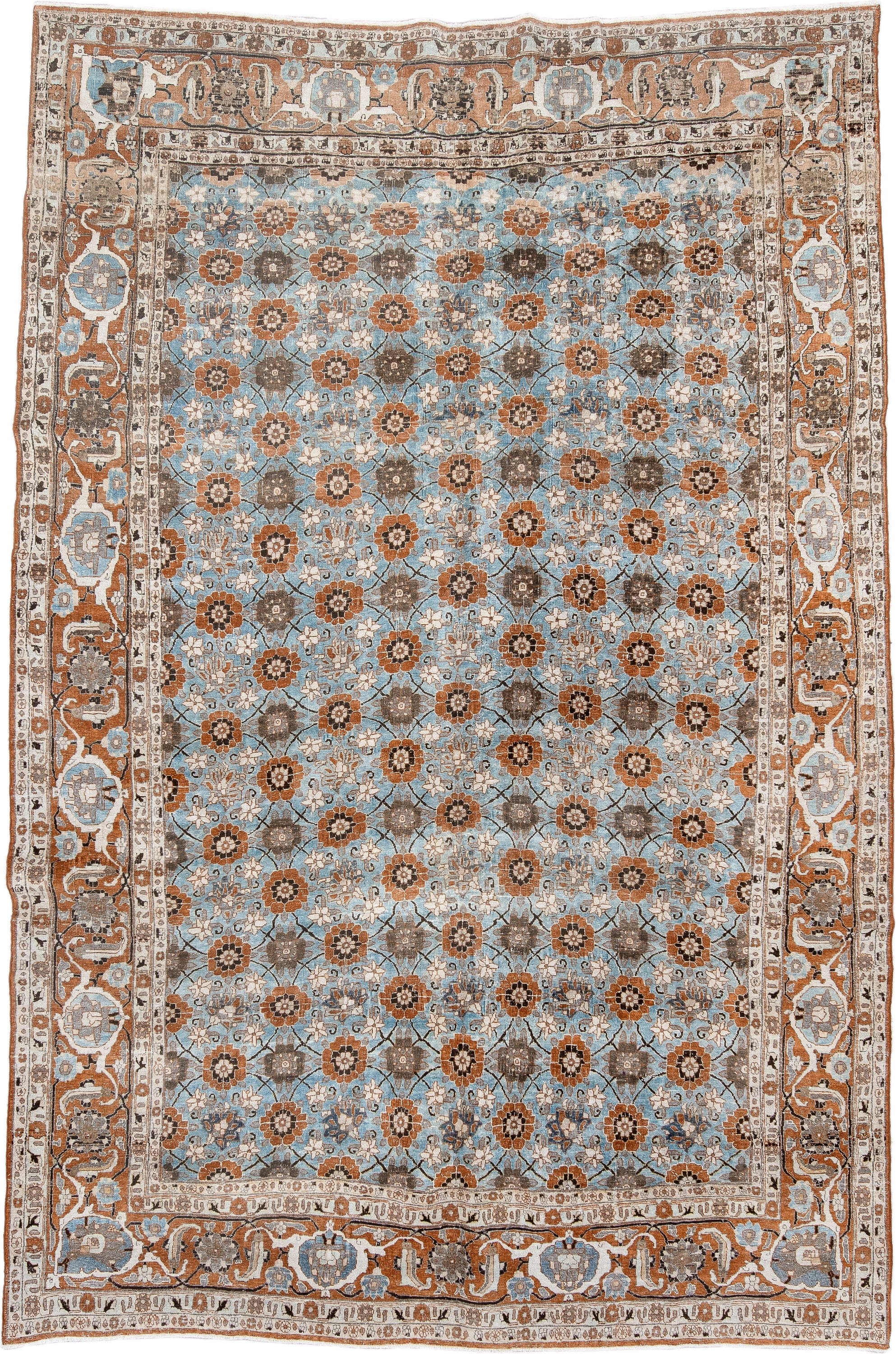6' x 10' one-of-a-kind handmade antique Varamin large size rug. Color palette: sky blue, rust, ivory, taupe, brown, camel