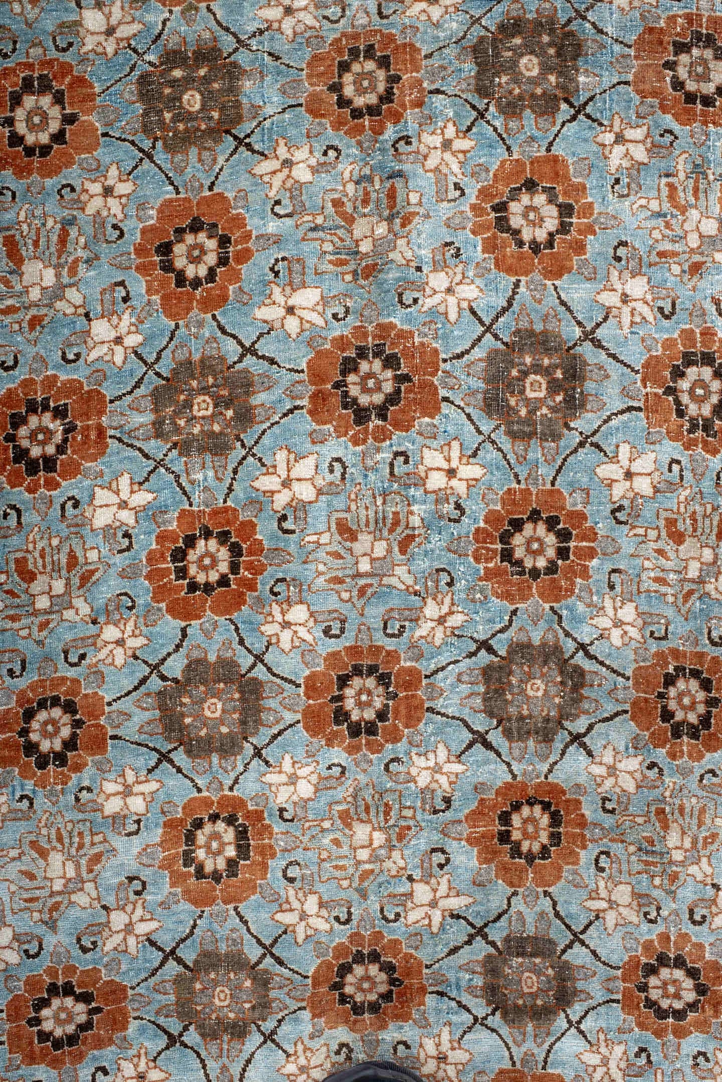 6' x 10' one-of-a-kind handmade antique Varamin large size rug. Color palette: sky blue, rust, ivory, taupe, brown, camel