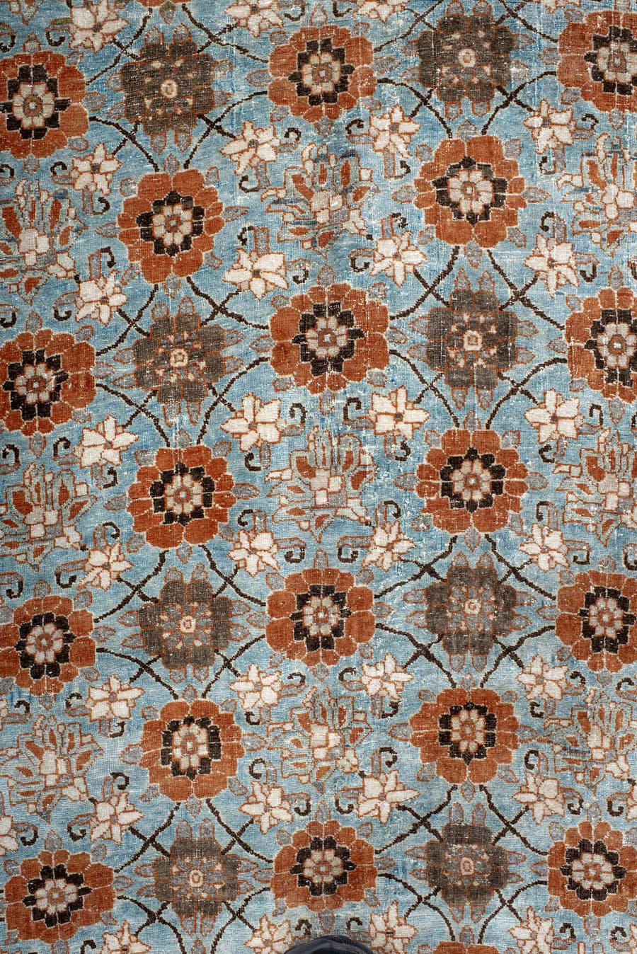 6' x 10' one-of-a-kind handmade antique Varamin large size rug. Color palette: sky blue, rust, ivory, taupe, brown, camel
