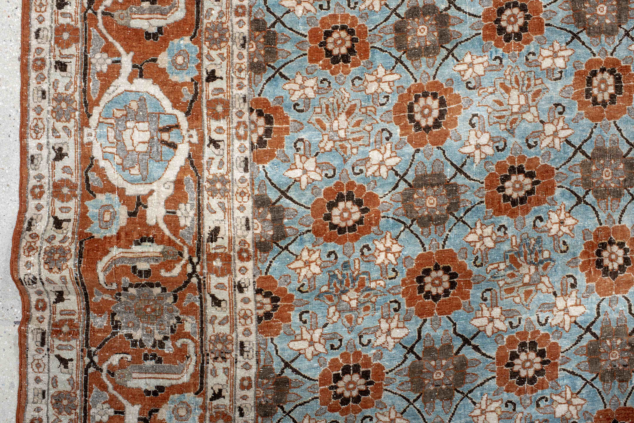 6' x 10' one-of-a-kind handmade antique Varamin large size rug. Color palette: sky blue, rust, ivory, taupe, brown, camel