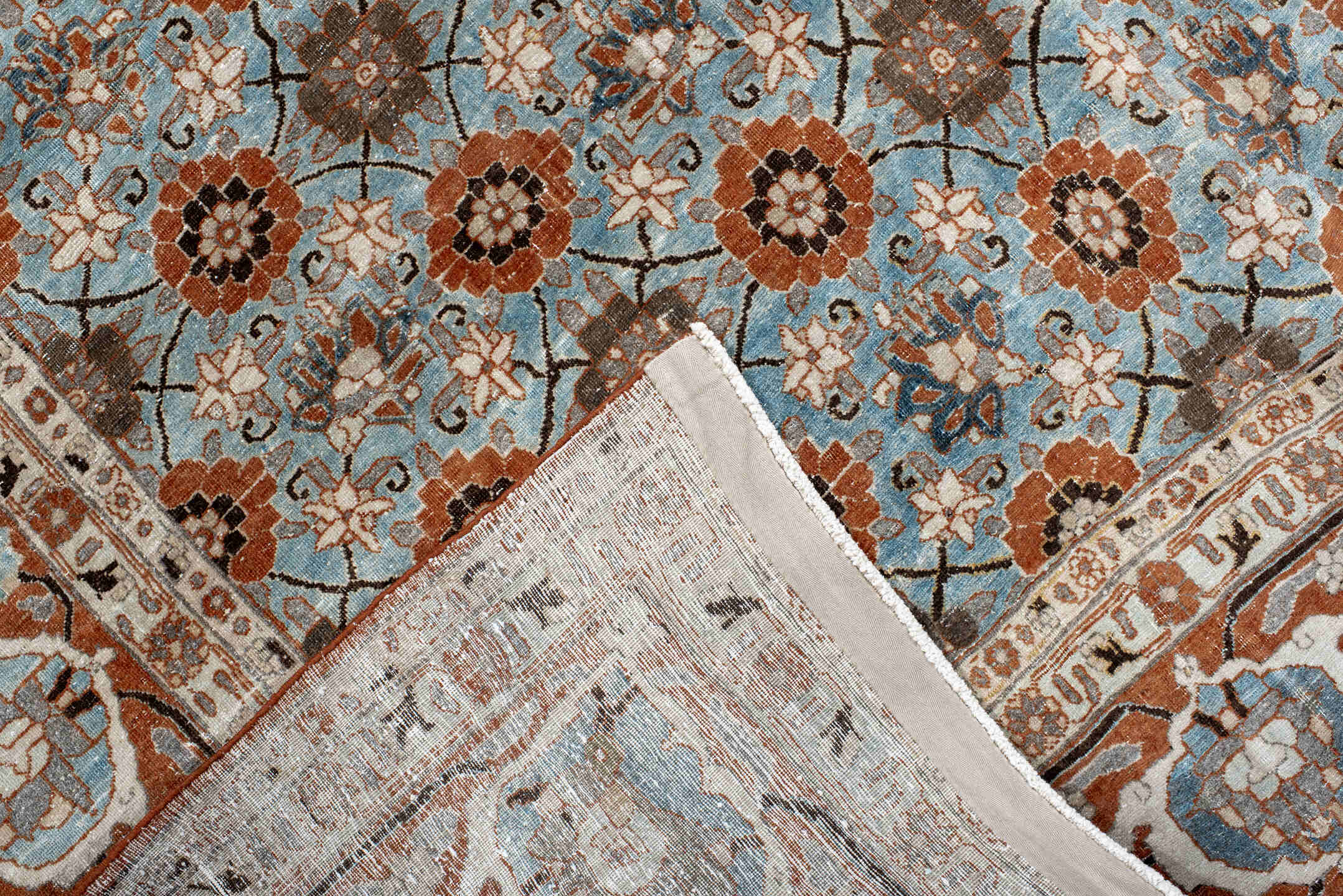 6' x 10' one-of-a-kind handmade antique Varamin large size rug. Color palette: sky blue, rust, ivory, taupe, brown, camel