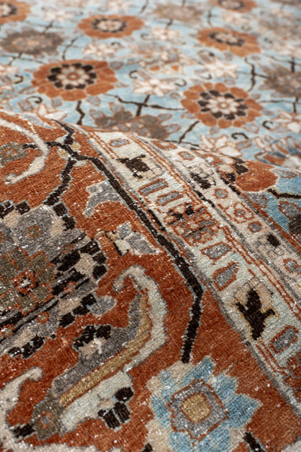 6' x 10' one-of-a-kind handmade antique Varamin large size rug. Color palette: sky blue, rust, ivory, taupe, brown, camel