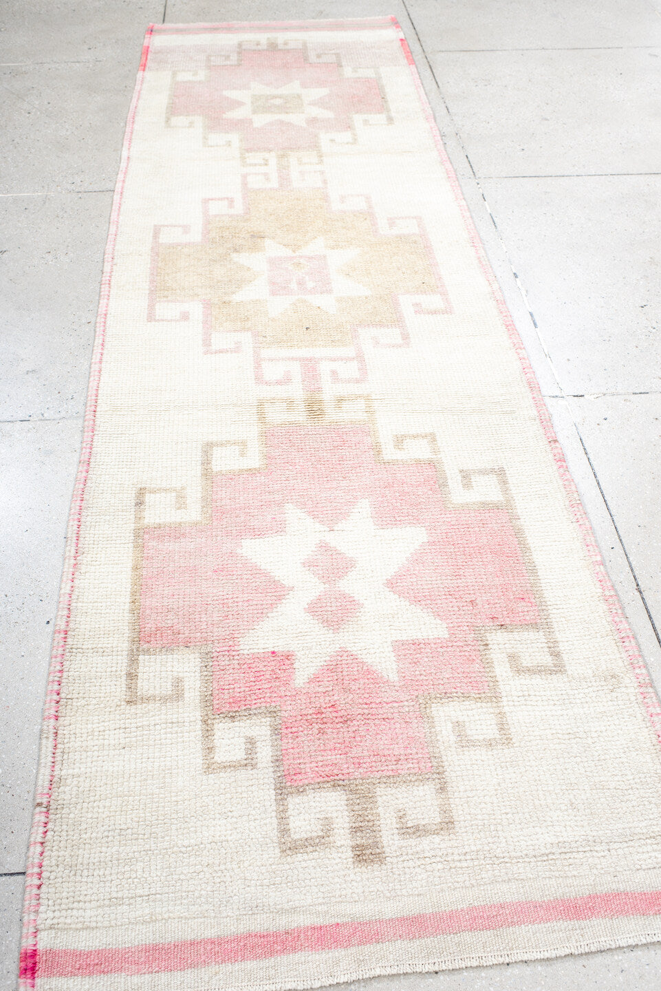 3' x 11' one-of-a-kind handmade vintage Kars runner rug. Color palette: antiquewhite, gray, light gray, linen, off-white