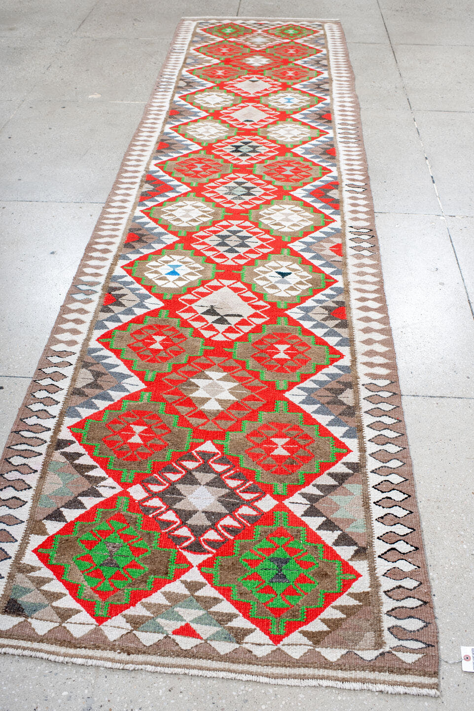3' x 13' one-of-a-kind handmade vintage Kilim runner rug. Color palette: ivory, red, taupe, green, gray, sky_blue, beige