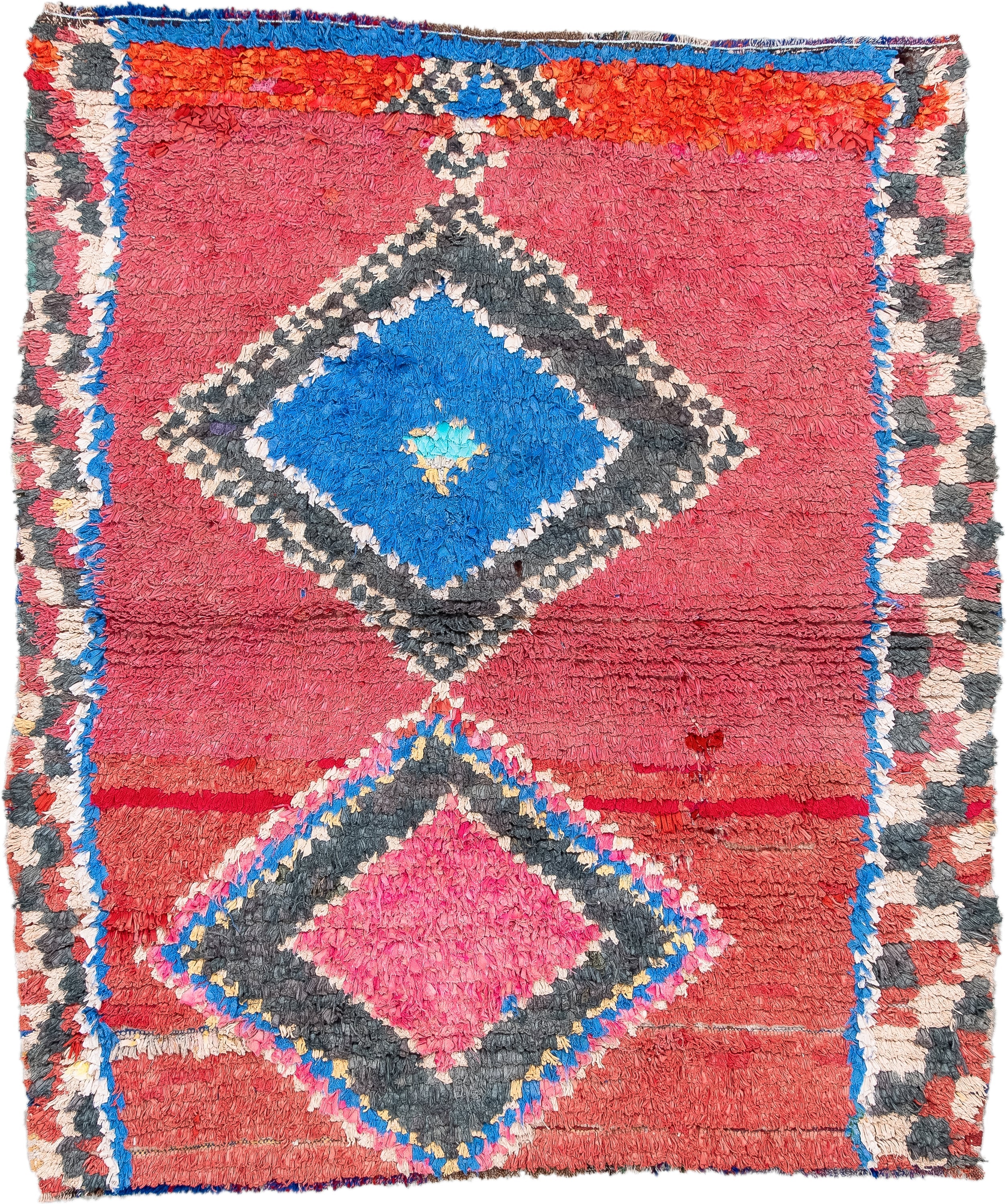 3' x 4' one-of-a-kind handmade vintage Rag Rug small size rug. Color palette: rose, charcoal, ivory, electric blue, coral