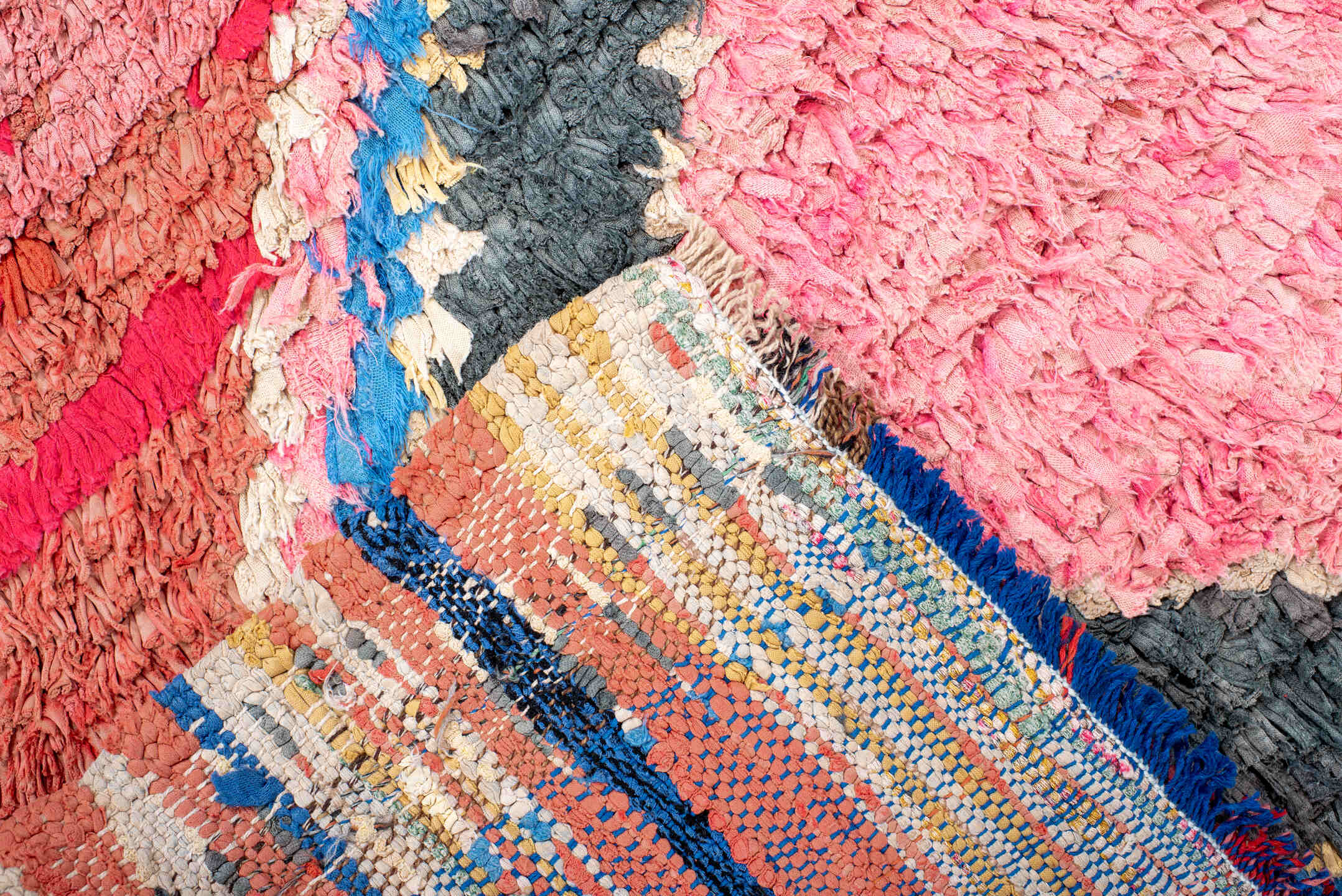 3' x 4' one-of-a-kind handmade vintage Rag Rug small size rug. Color palette: rose, charcoal, ivory, electric blue, coral
