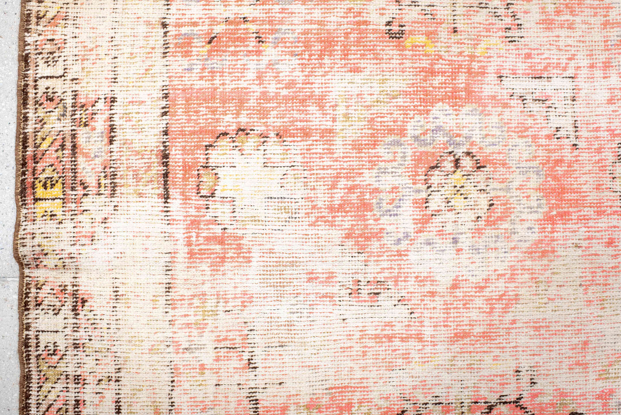 3' x 7' one-of-a-kind handmade antique Khotan rug. Color palette: ivory, coral, peach, taupe, brown, gold, charcoal