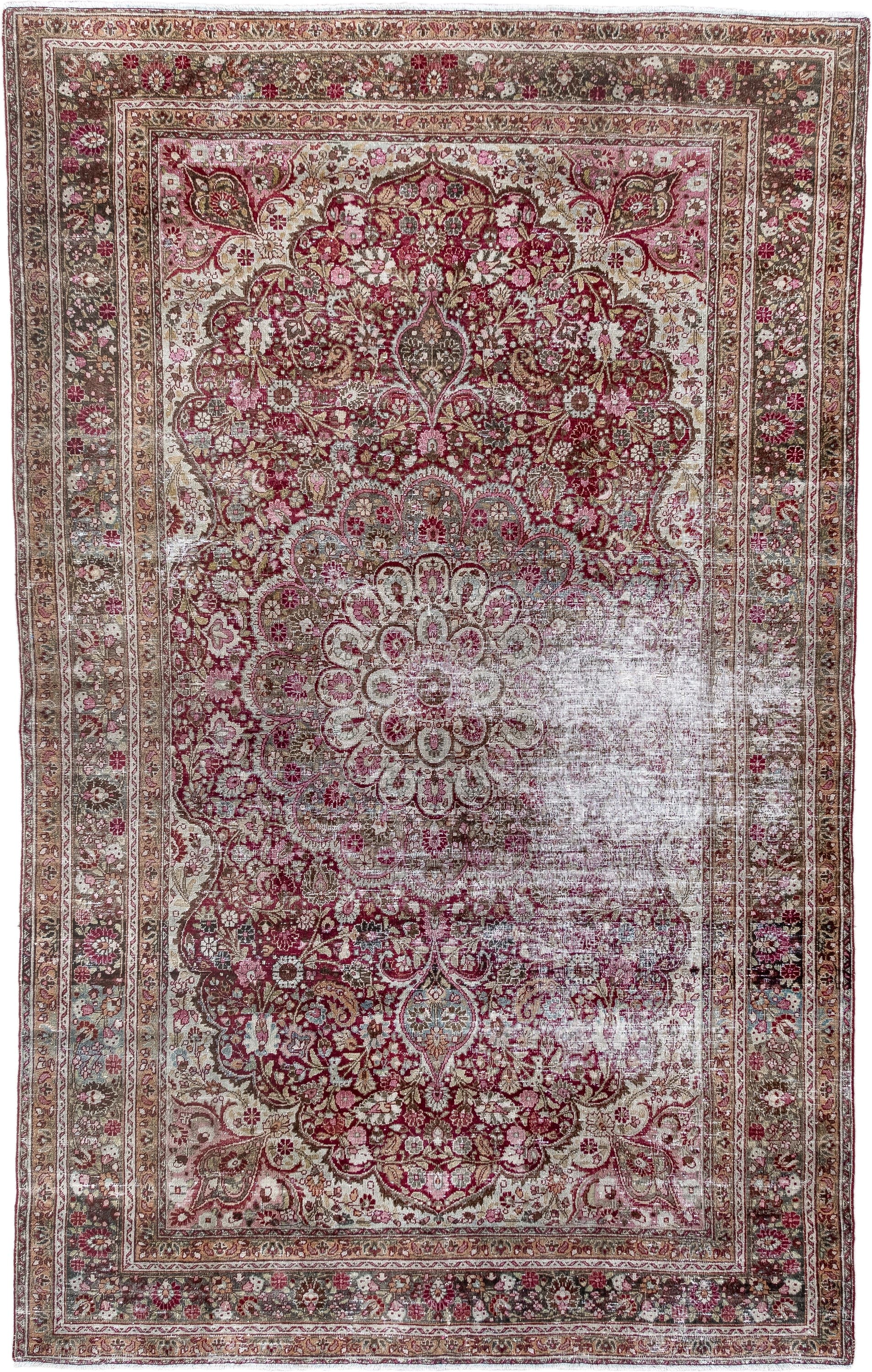 4' x 6' one-of-a-kind handmade antique Meshed small size rug. Color palette: rose, ivory, burgundy, taupe, brown, pink, sage