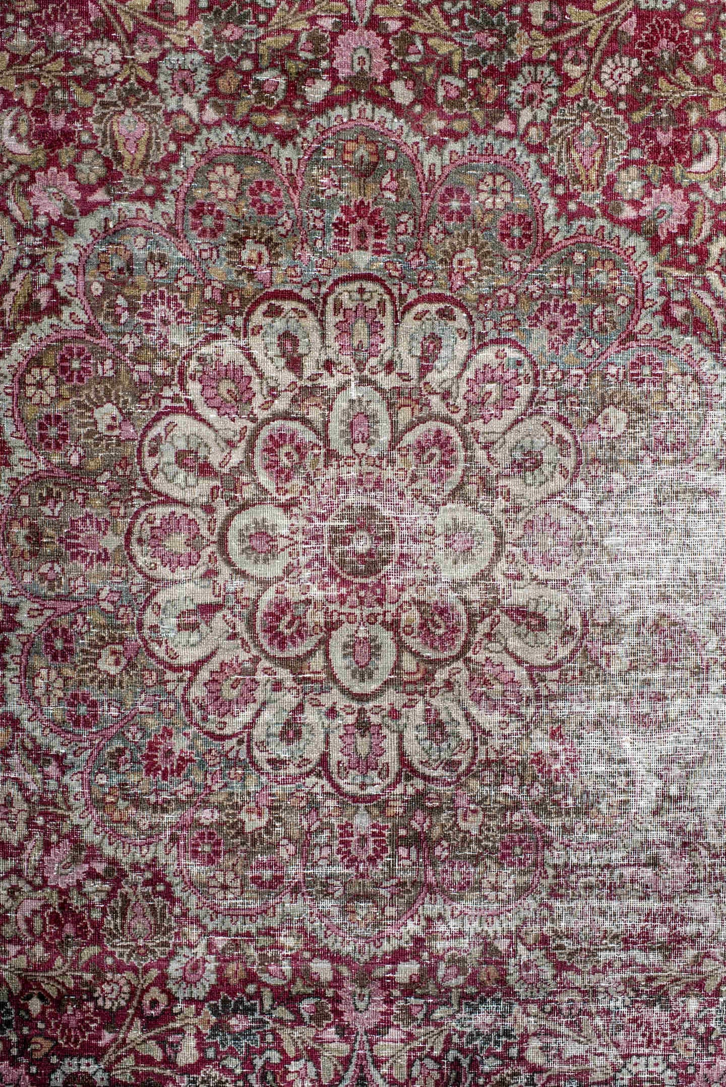 4' x 6' one-of-a-kind handmade antique Meshed small size rug. Color palette: rose, ivory, burgundy, taupe, brown, pink, sage