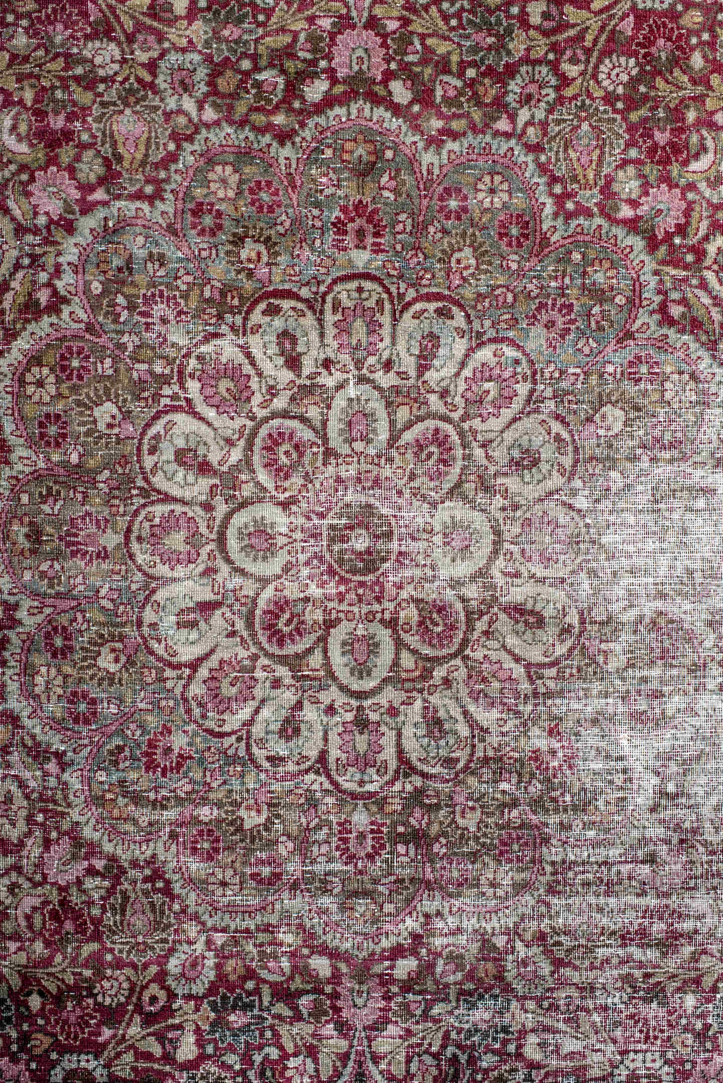 4' x 6' one-of-a-kind handmade antique Meshed small size rug. Color palette: rose, ivory, burgundy, taupe, brown, pink, sage