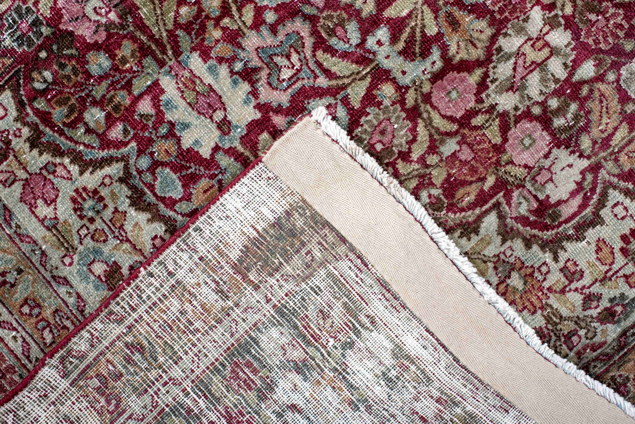 4' x 6' one-of-a-kind handmade antique Meshed small size rug. Color palette: rose, ivory, burgundy, taupe, brown, pink, sage