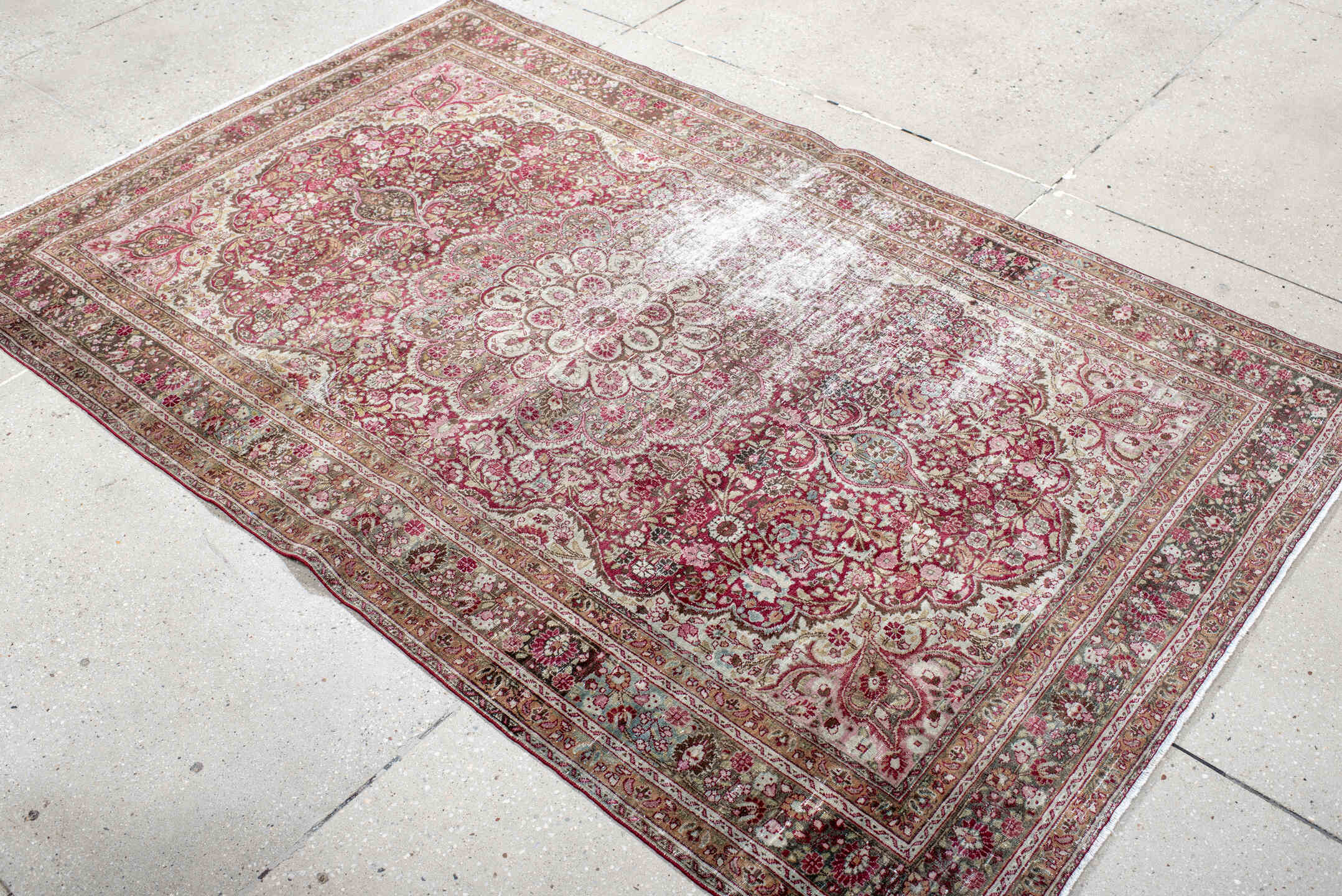 4' x 6' one-of-a-kind handmade vintage Meshed small size rug. Color palette: brown, gray, light gray, off-white, pink, red