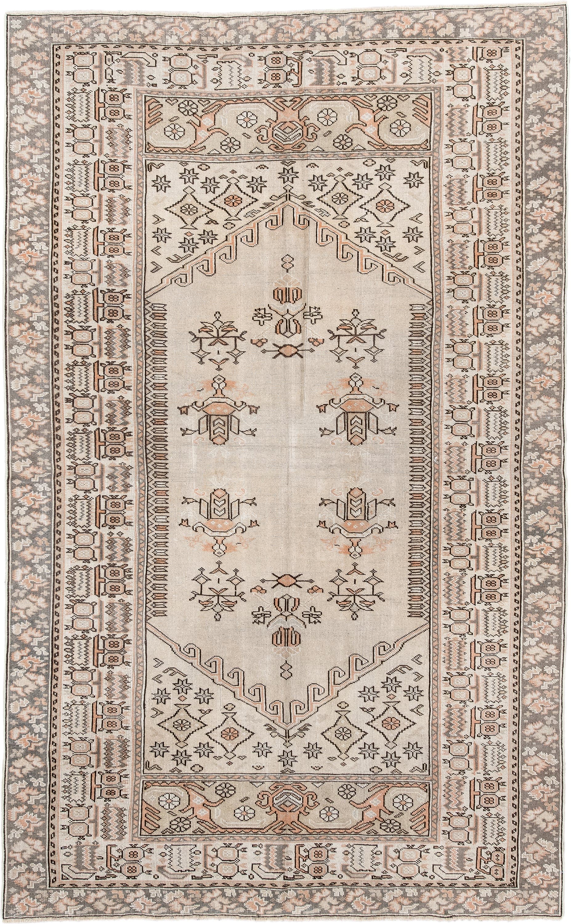 4' x 7' one-of-a-kind handmade antique Anatolian rug. Color palette: ivory, taupe, charcoal, blush, cream, pewter, beige