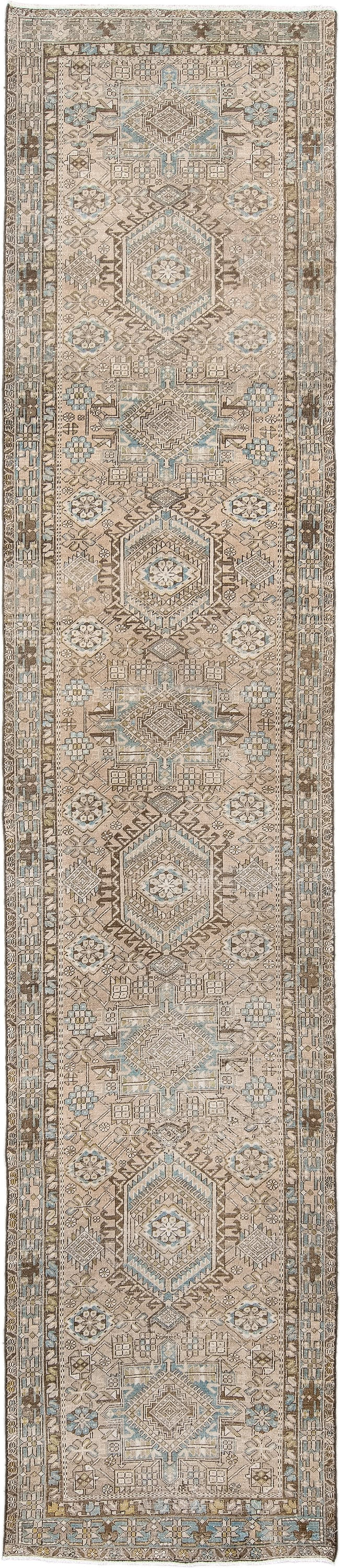 3' x 14' one-of-a-kind handmade antique Karaje runner rug. Color palette: ivory, taupe, light blue, camel, brown, beige