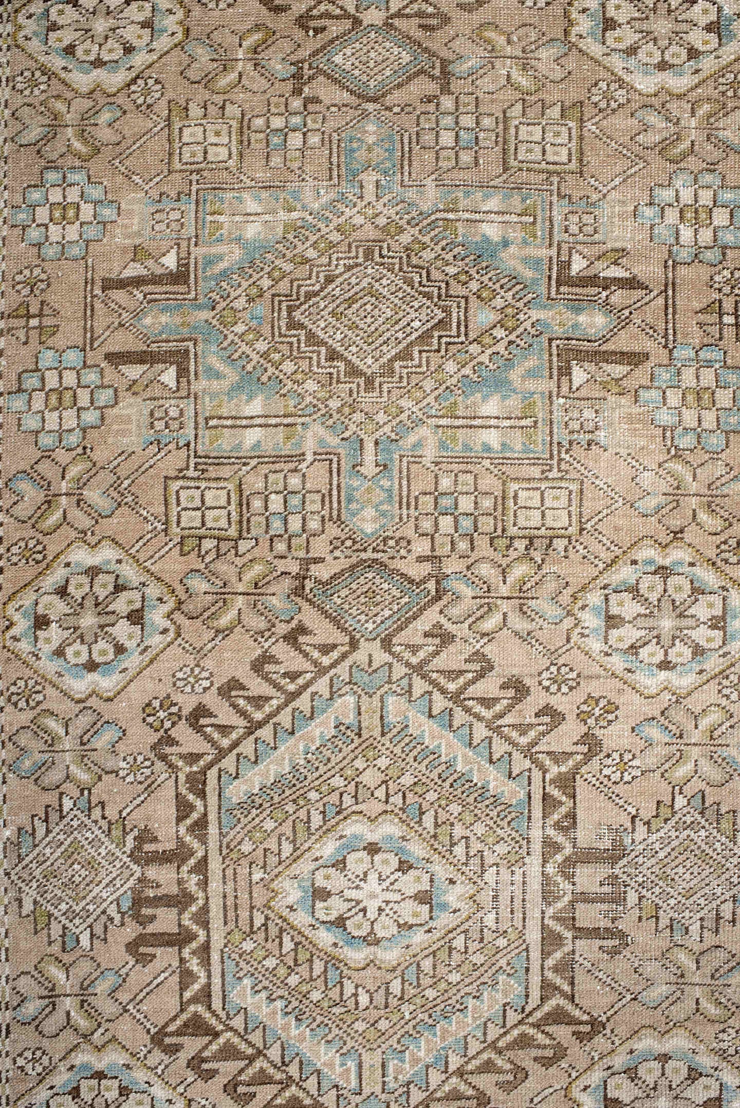 3' x 14' one-of-a-kind handmade antique Karaje runner rug. Color palette: ivory, taupe, light blue, camel, brown, beige